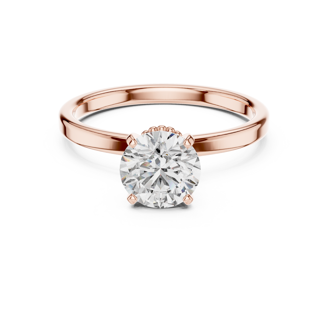 14-KT Elegant Solitaire 1-Ct Round Diamond Ring with Beaded Basket Setting