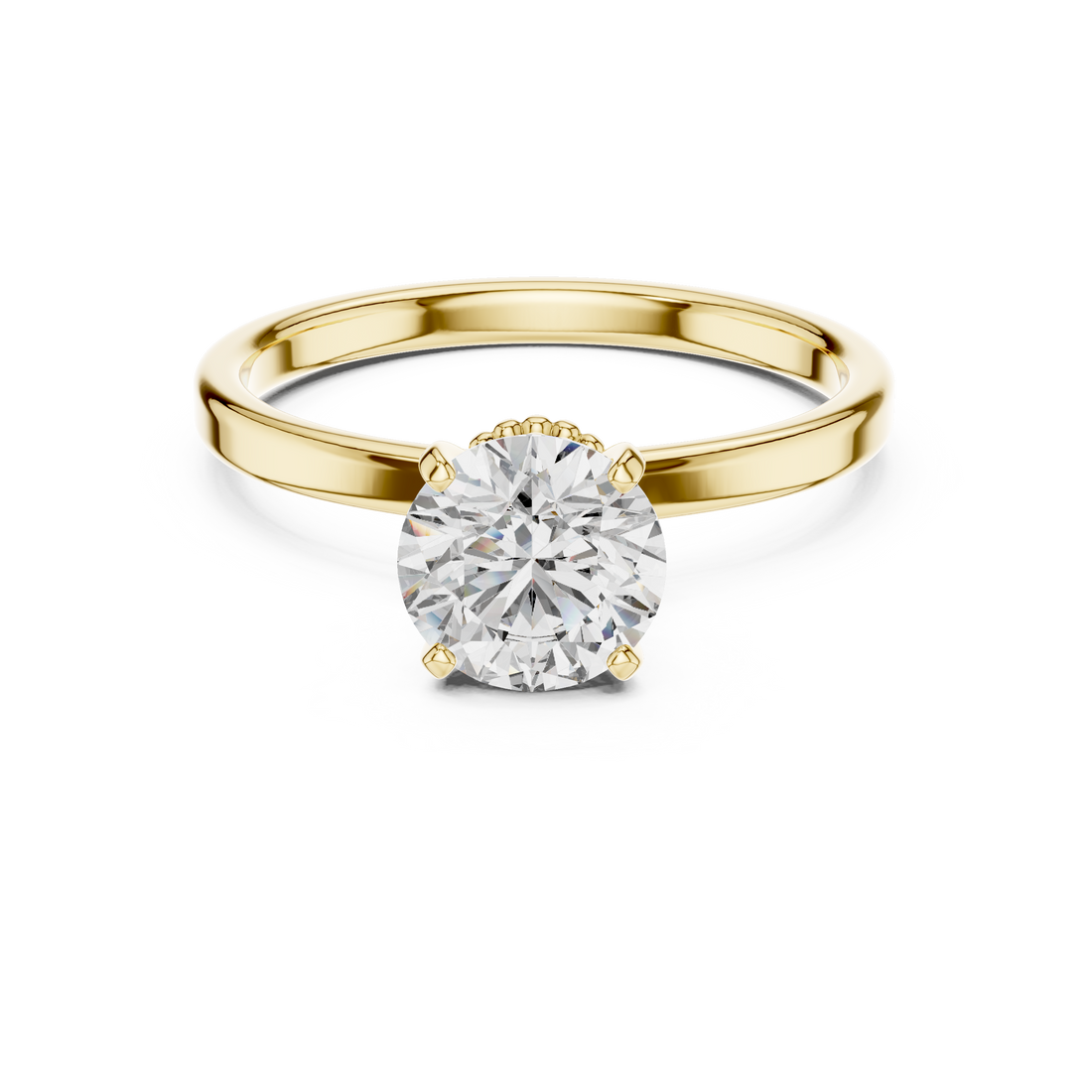 14-KT Elegant Solitaire 1-Ct Round Diamond Ring with Beaded Basket Setting