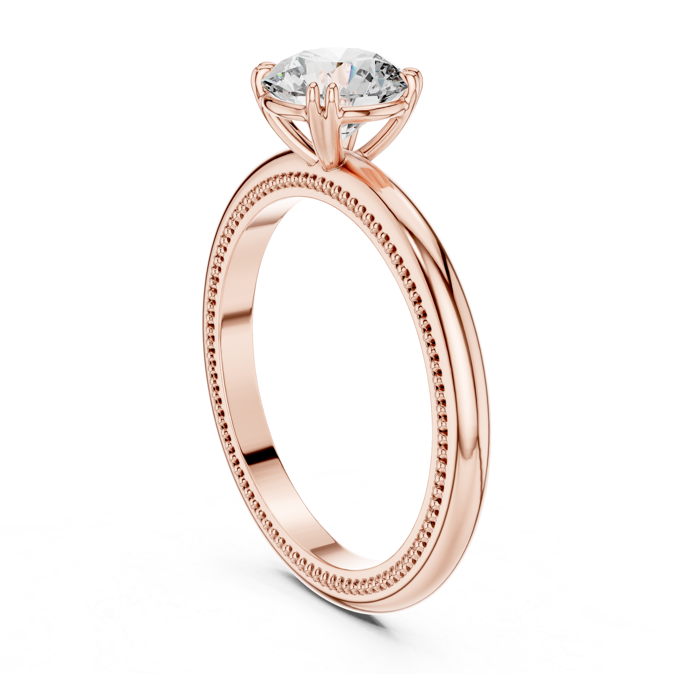 Rose gold ring with a diamond on a white background