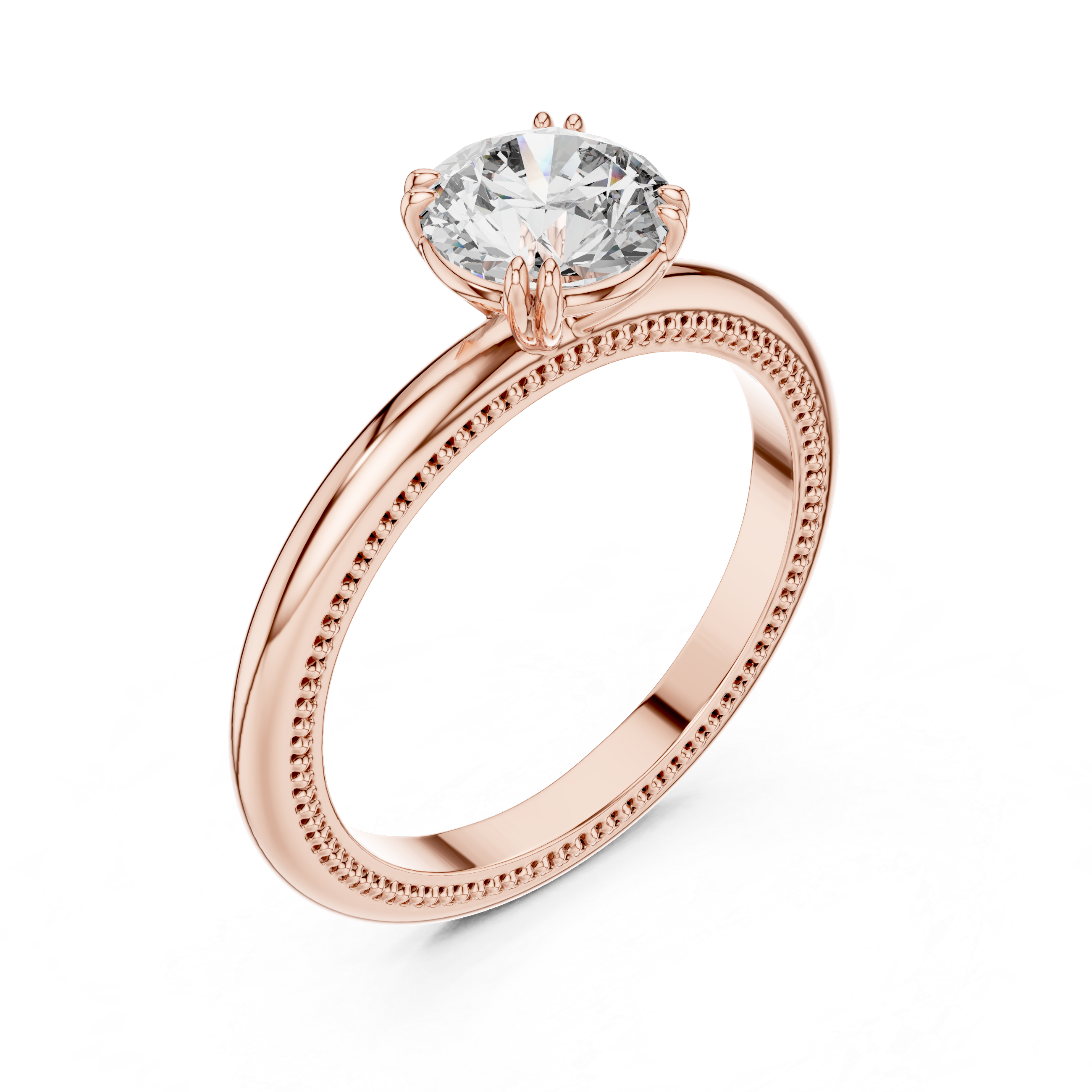 Rose gold ring with a diamond on a white background