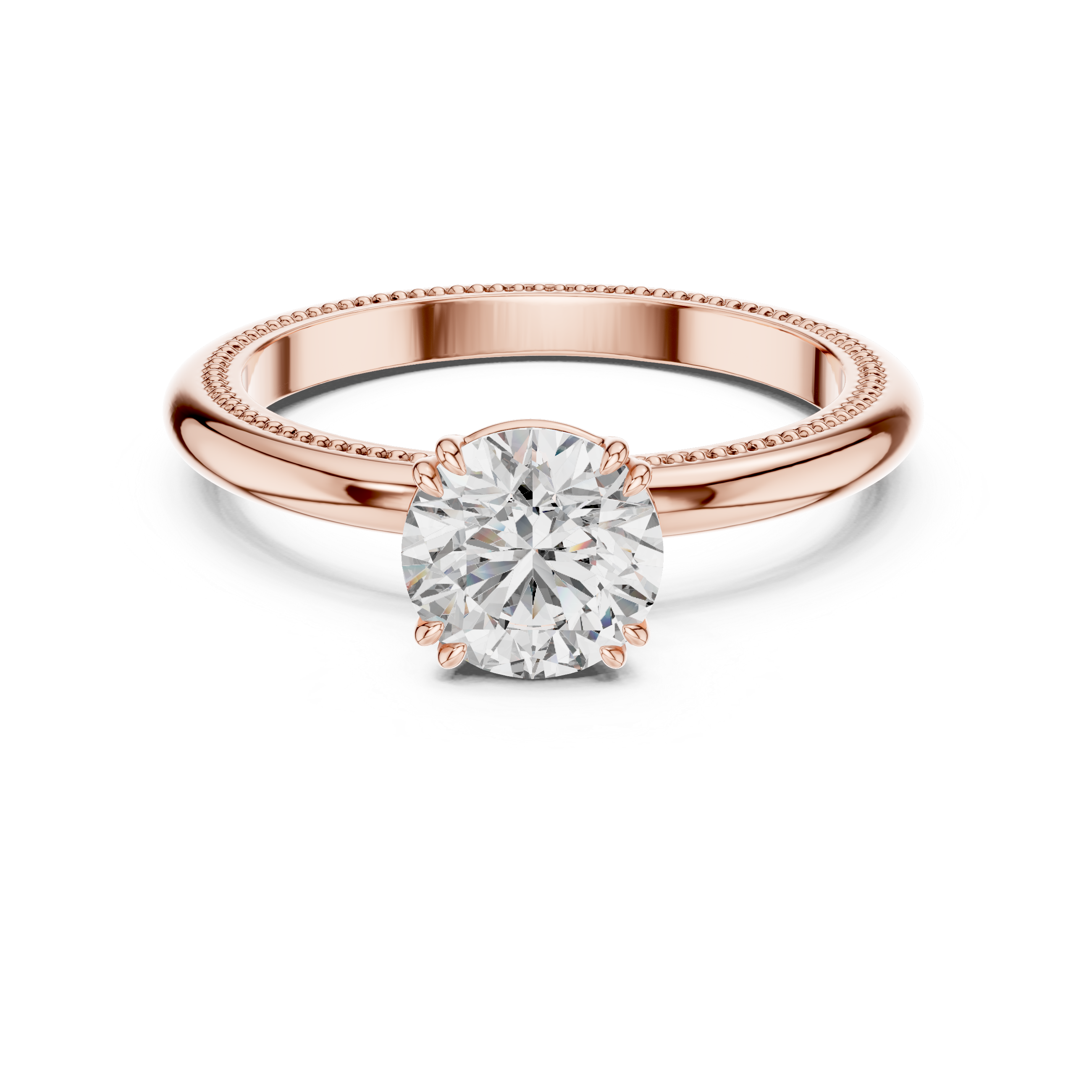 Rose gold ring with a diamond on a white background