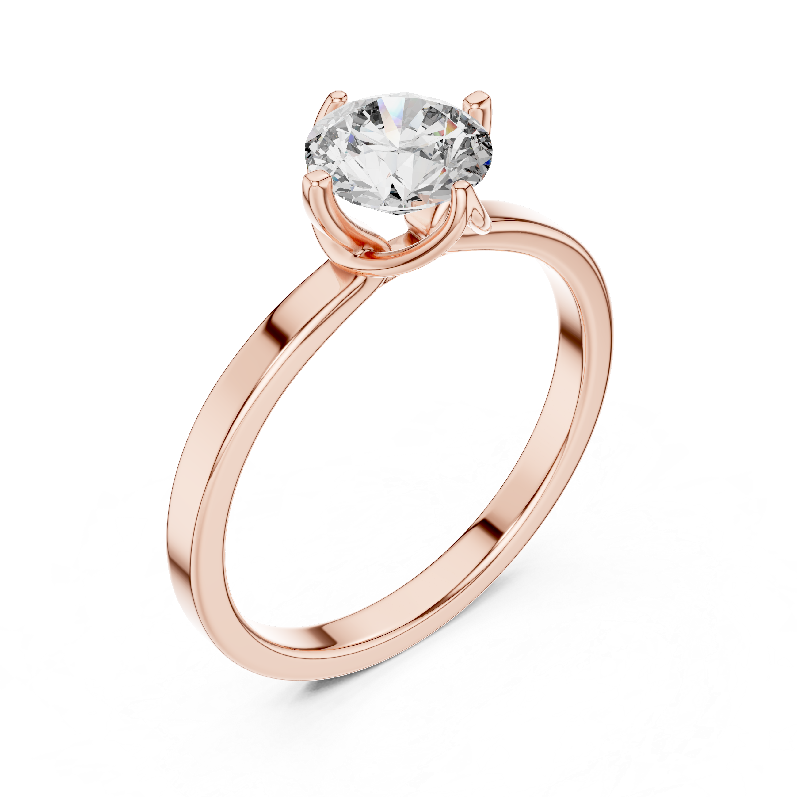 Rose gold ring with a clear gemstone on a white background