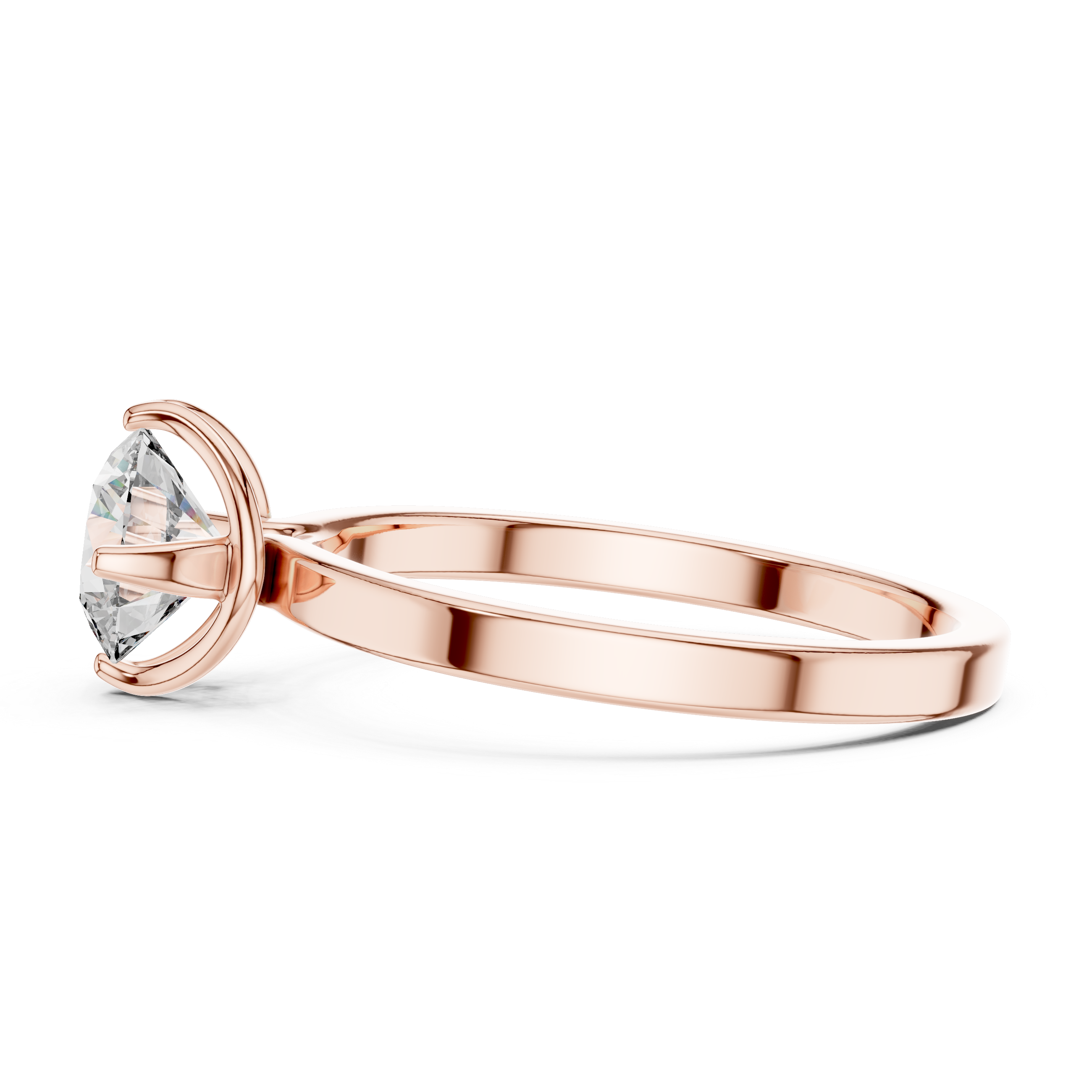 Rose gold ring with a clear gemstone on a white background