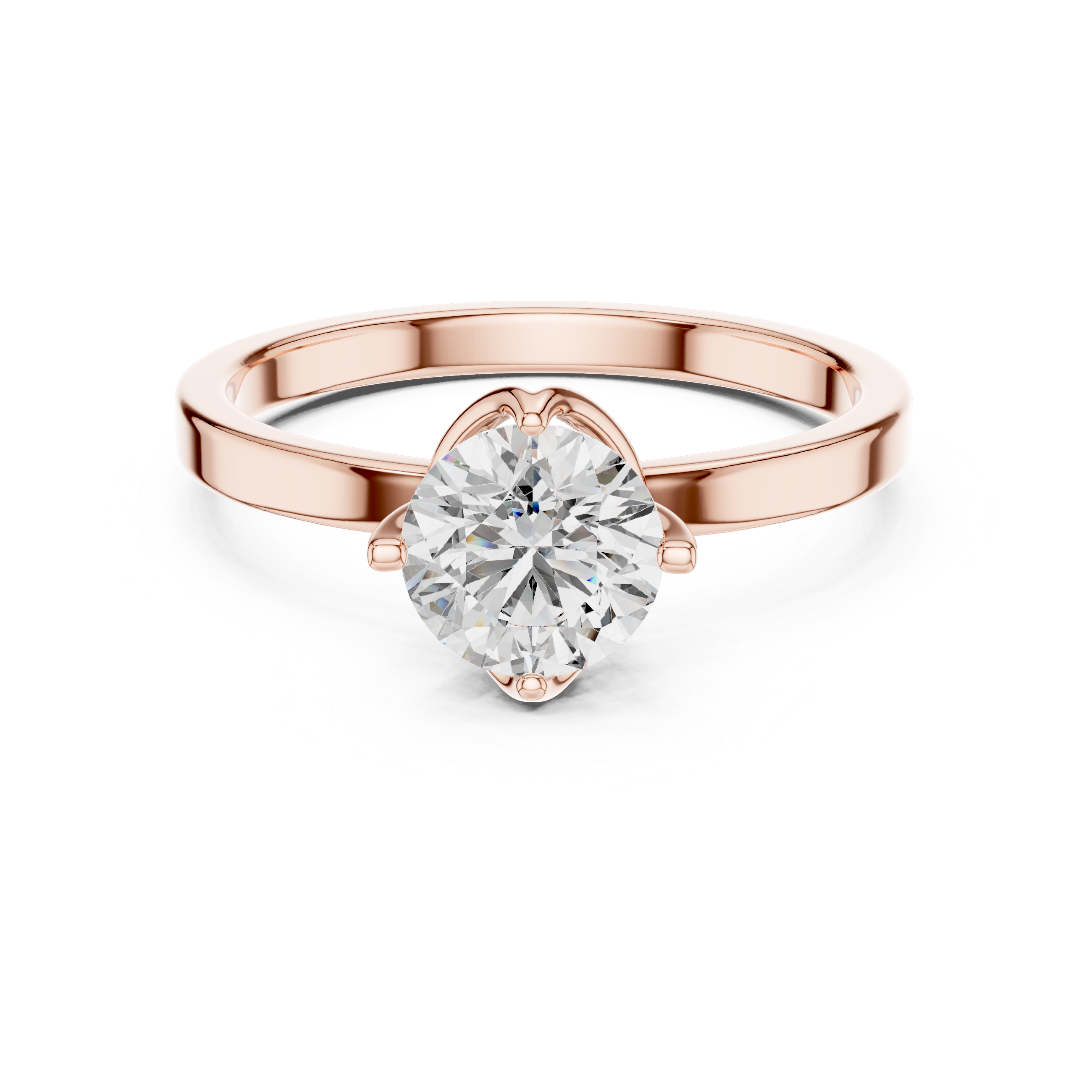 Rose gold ring with a large diamond on a white background