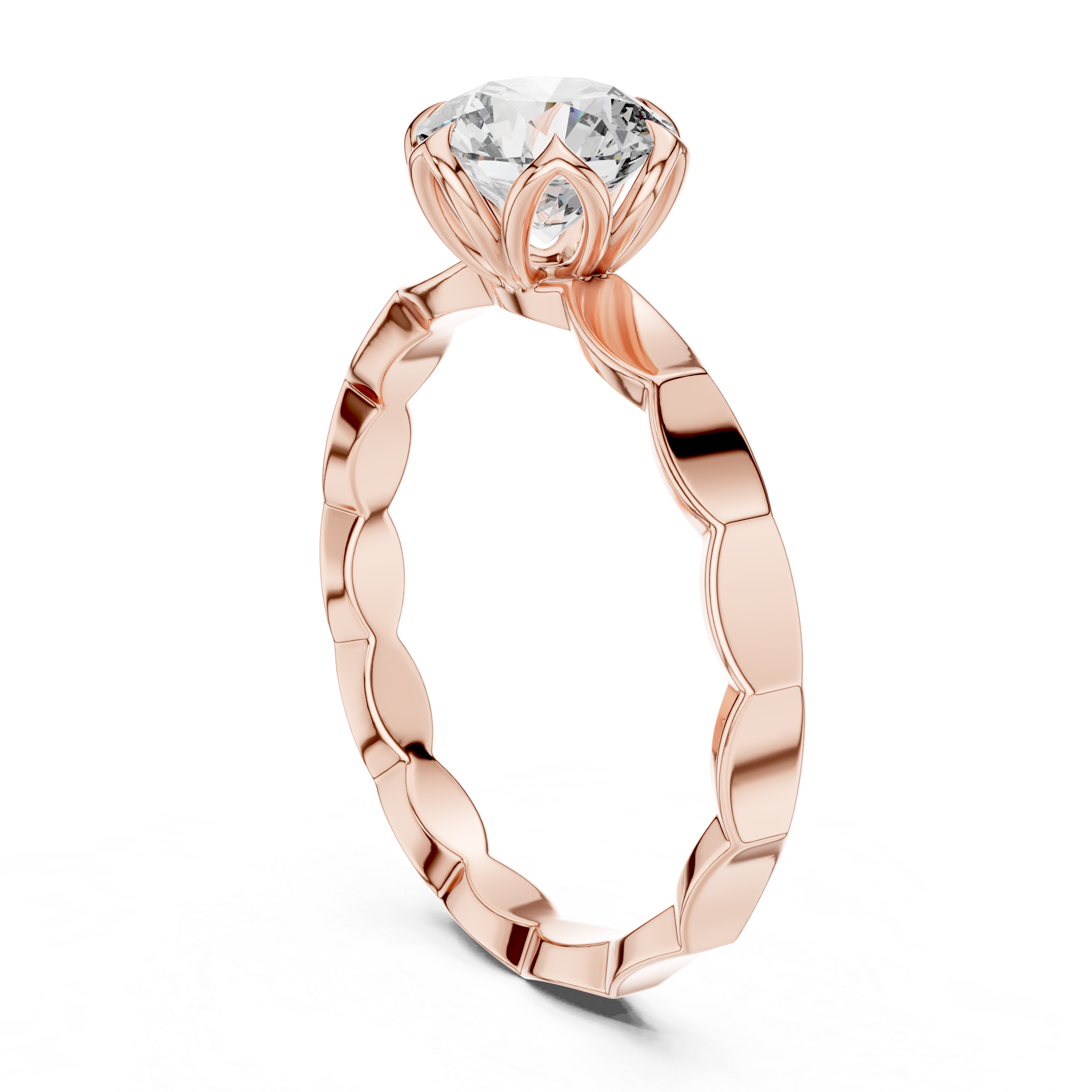 Rose gold ring with a diamond on a white background