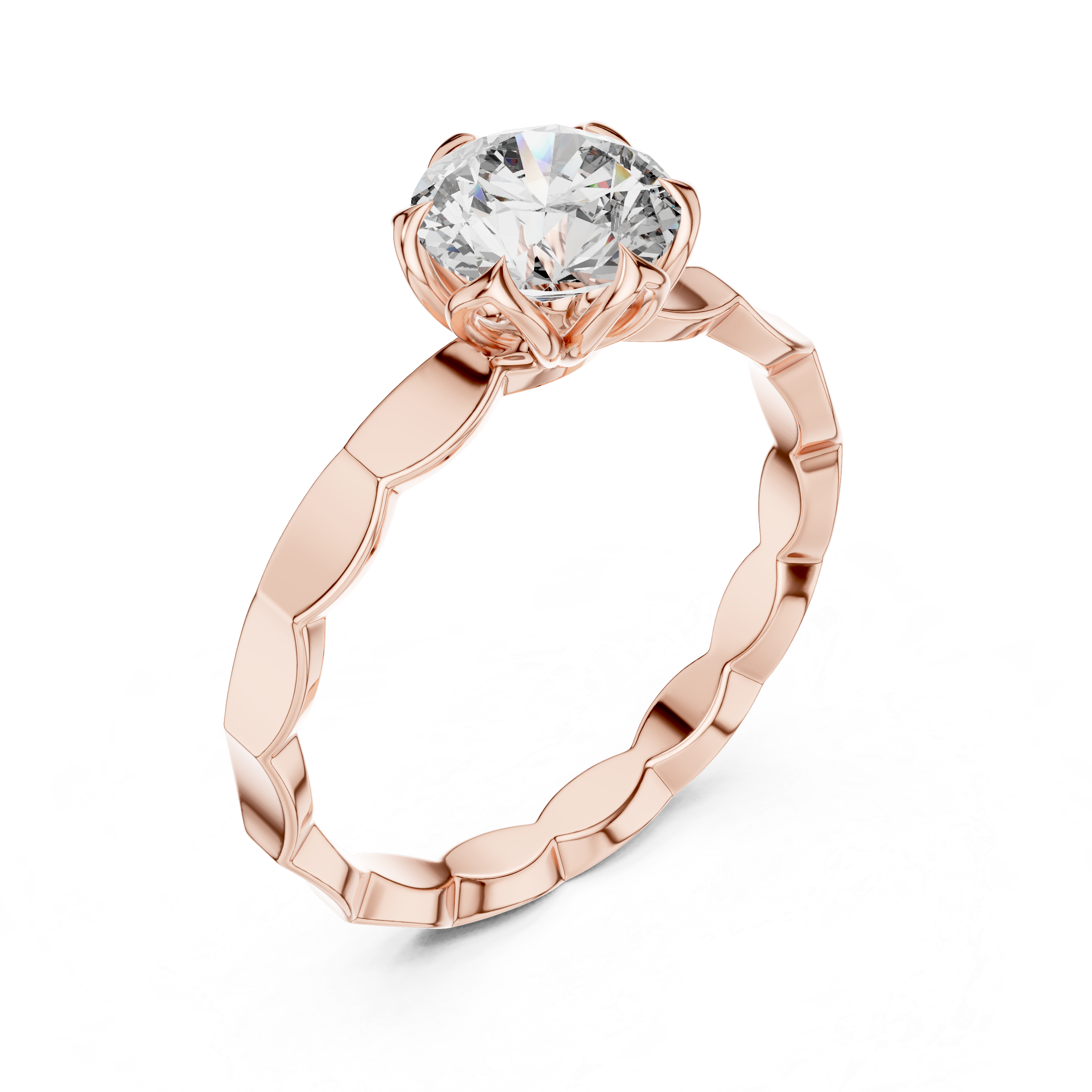 Rose gold ring with a large diamond on a white background