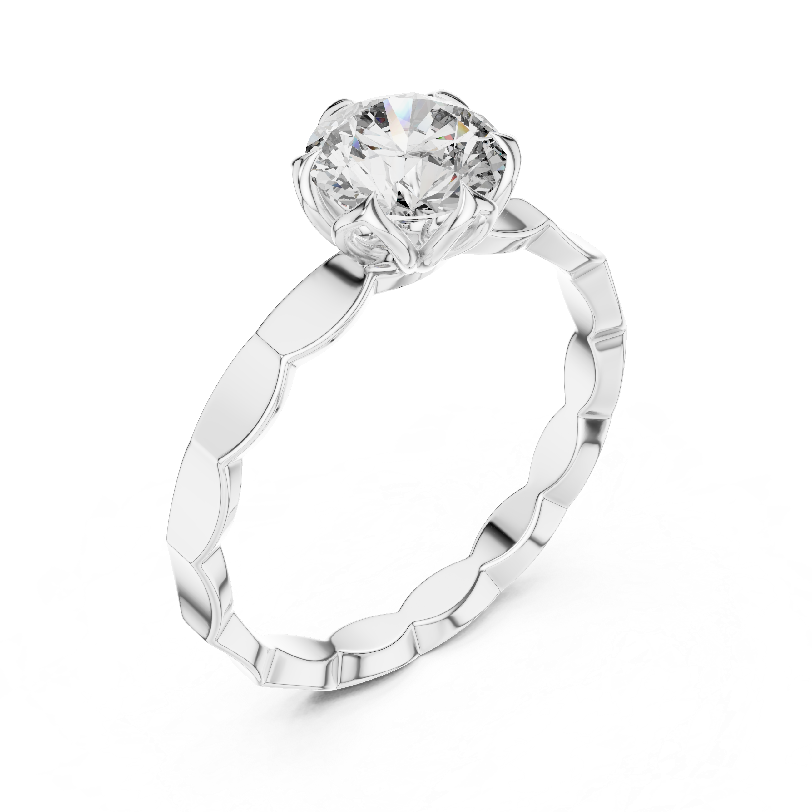 Silver ring with a large diamond on a white background