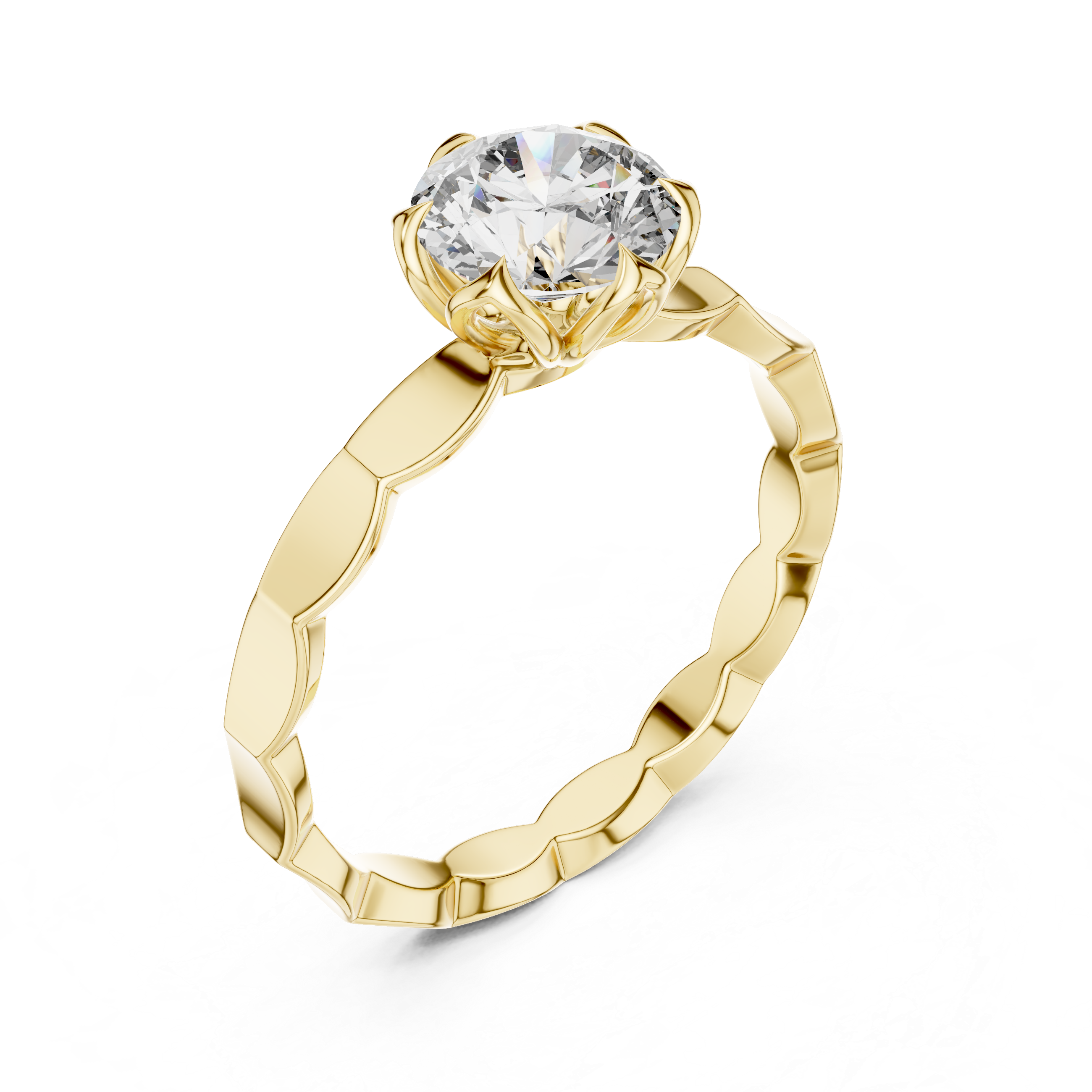 Gold ring with a diamond on a white background