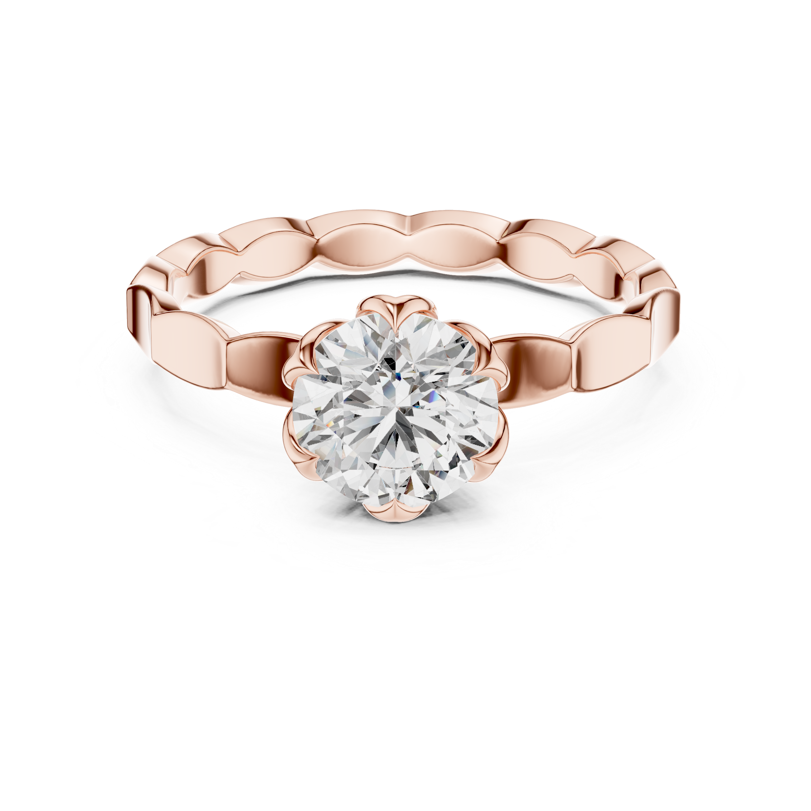 Rose gold ring with a diamond on a white background