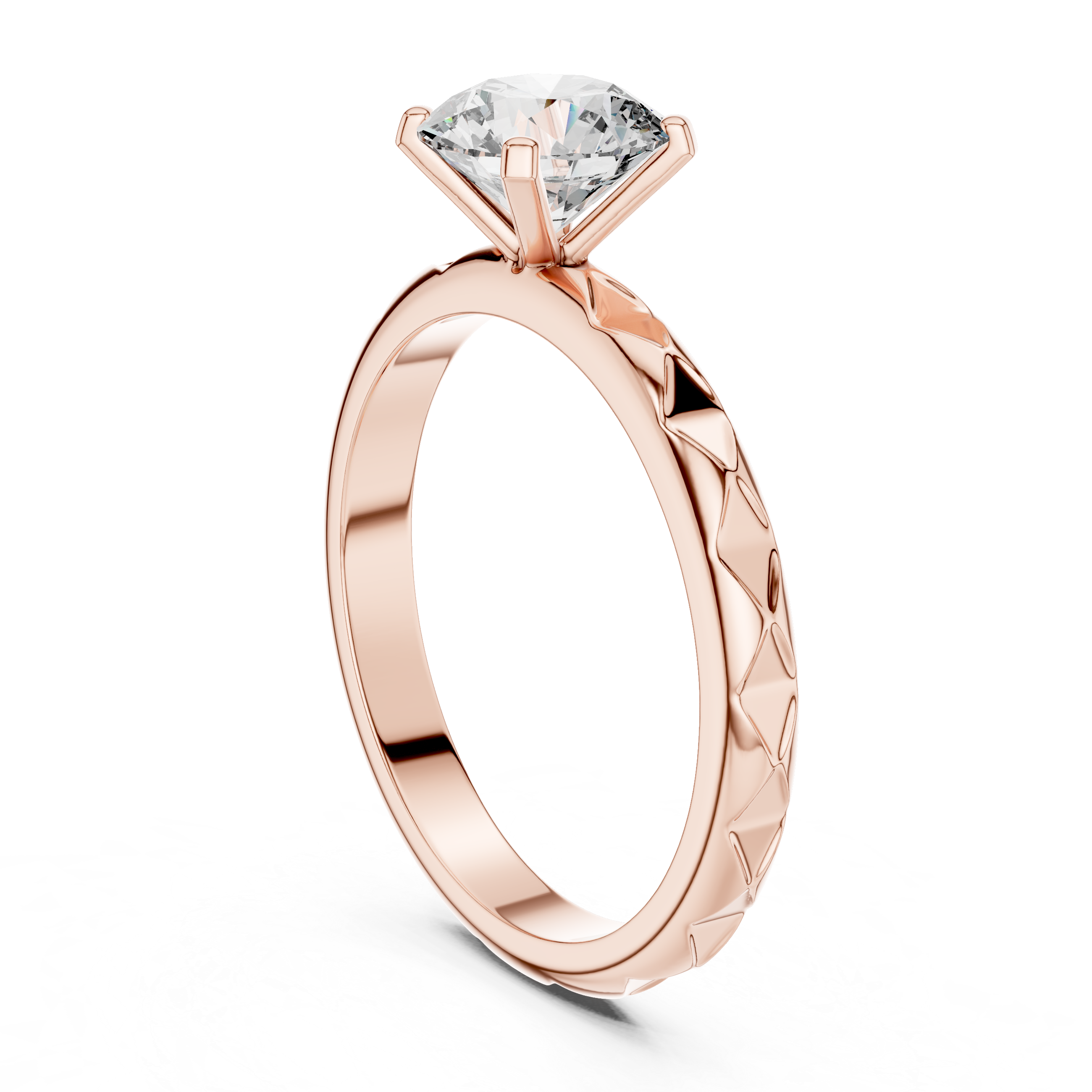 Rose gold ring with a diamond on a white background
