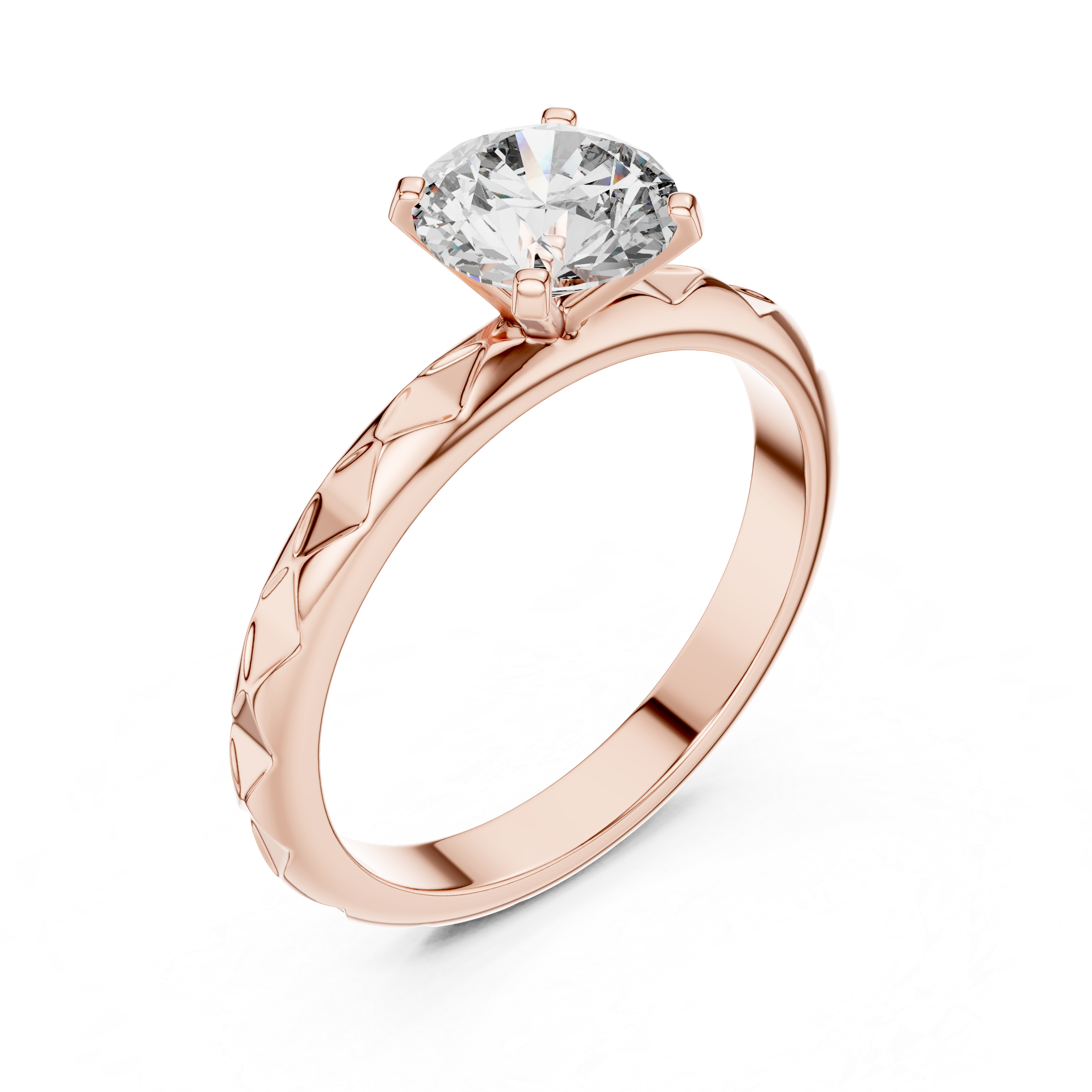 Rose gold ring with a diamond on a white background