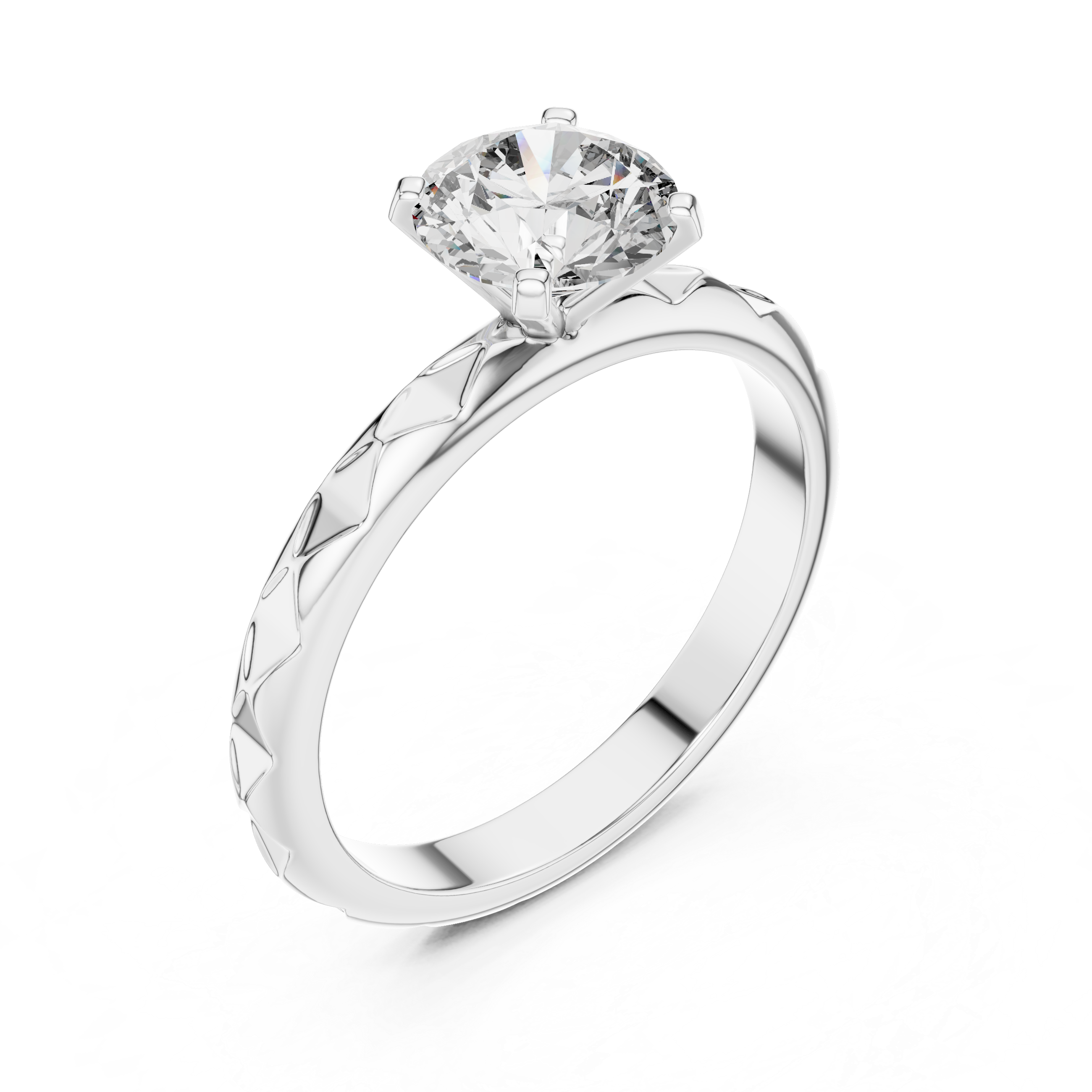 Silver ring with a large diamond on a white background