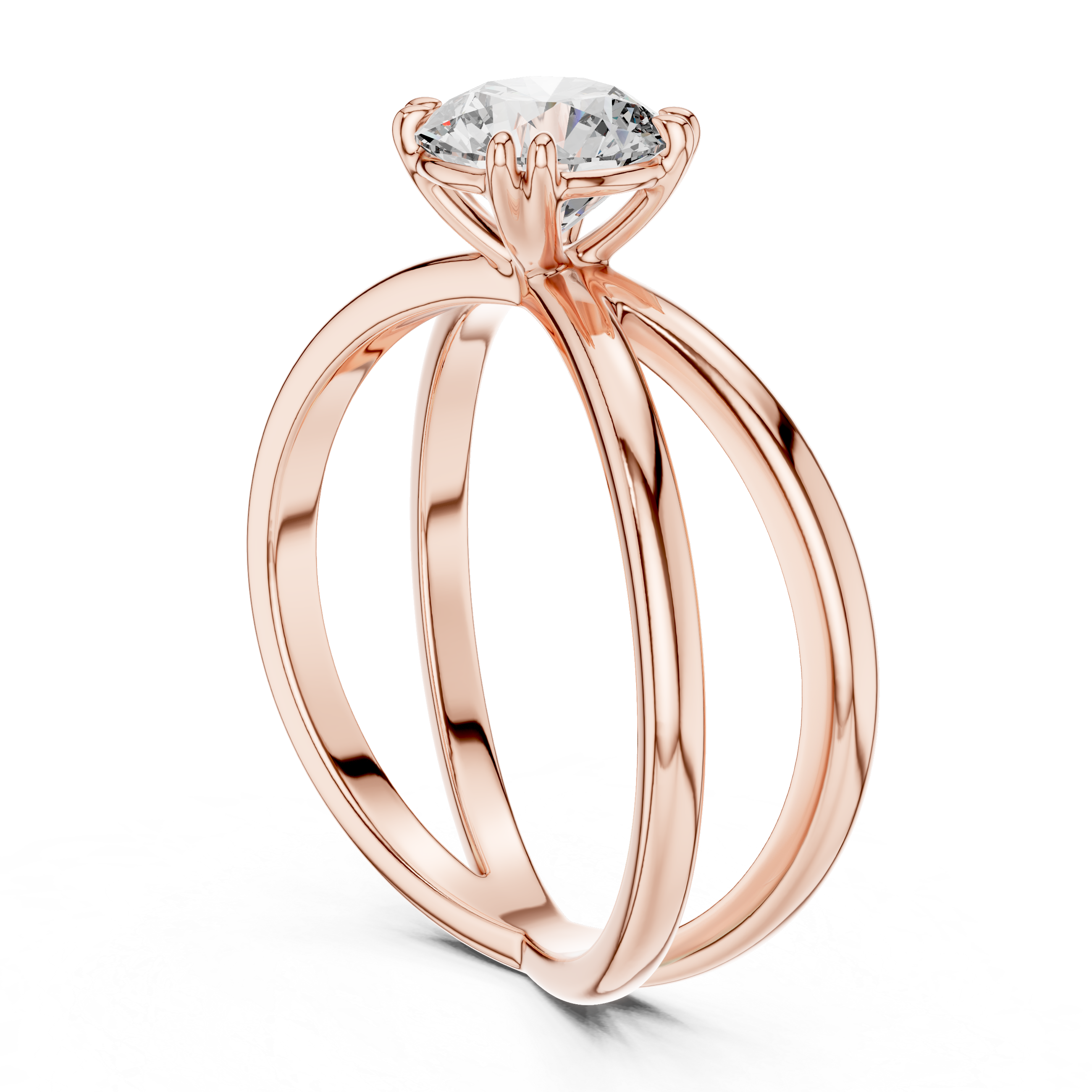 Rose gold ring with a clear gemstone on a white background