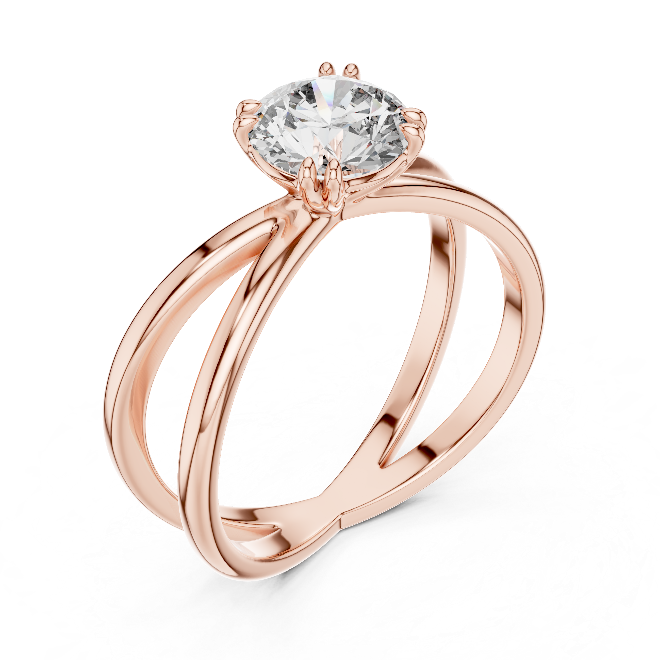Rose gold ring with a large diamond on a white background