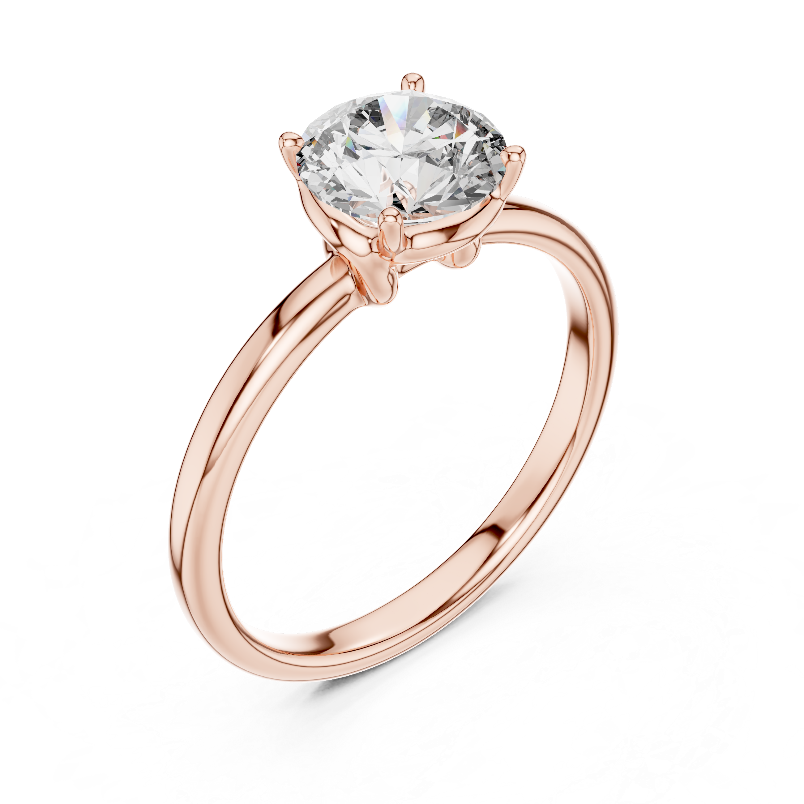 Rose gold ring with a clear gemstone on a white background