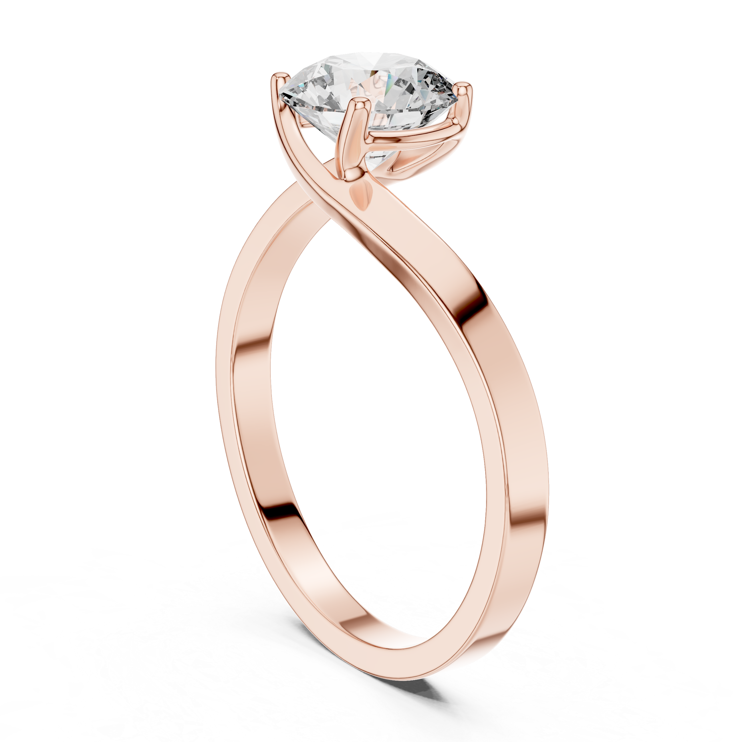 Rose gold ring with a diamond on a white background
