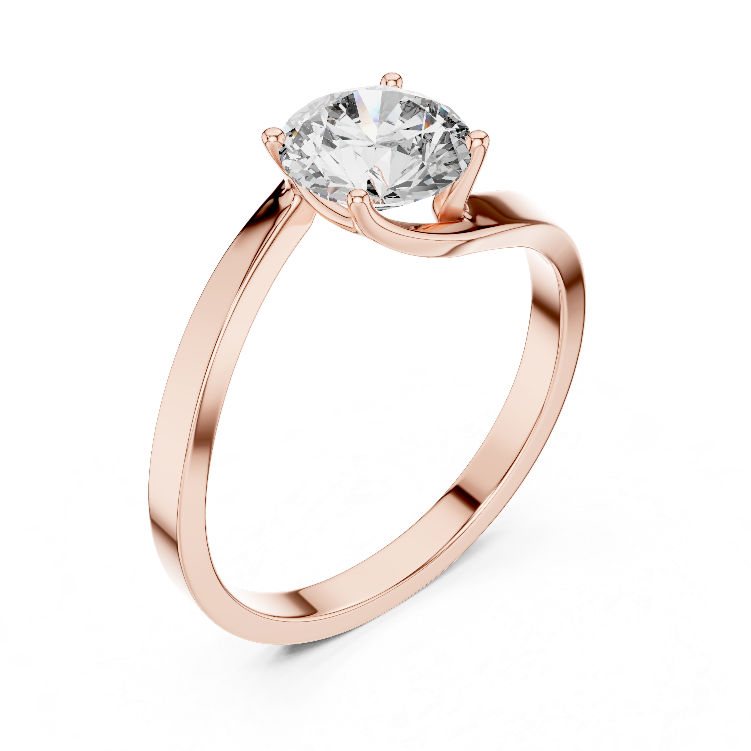 Rose gold ring with a large diamond on a white background