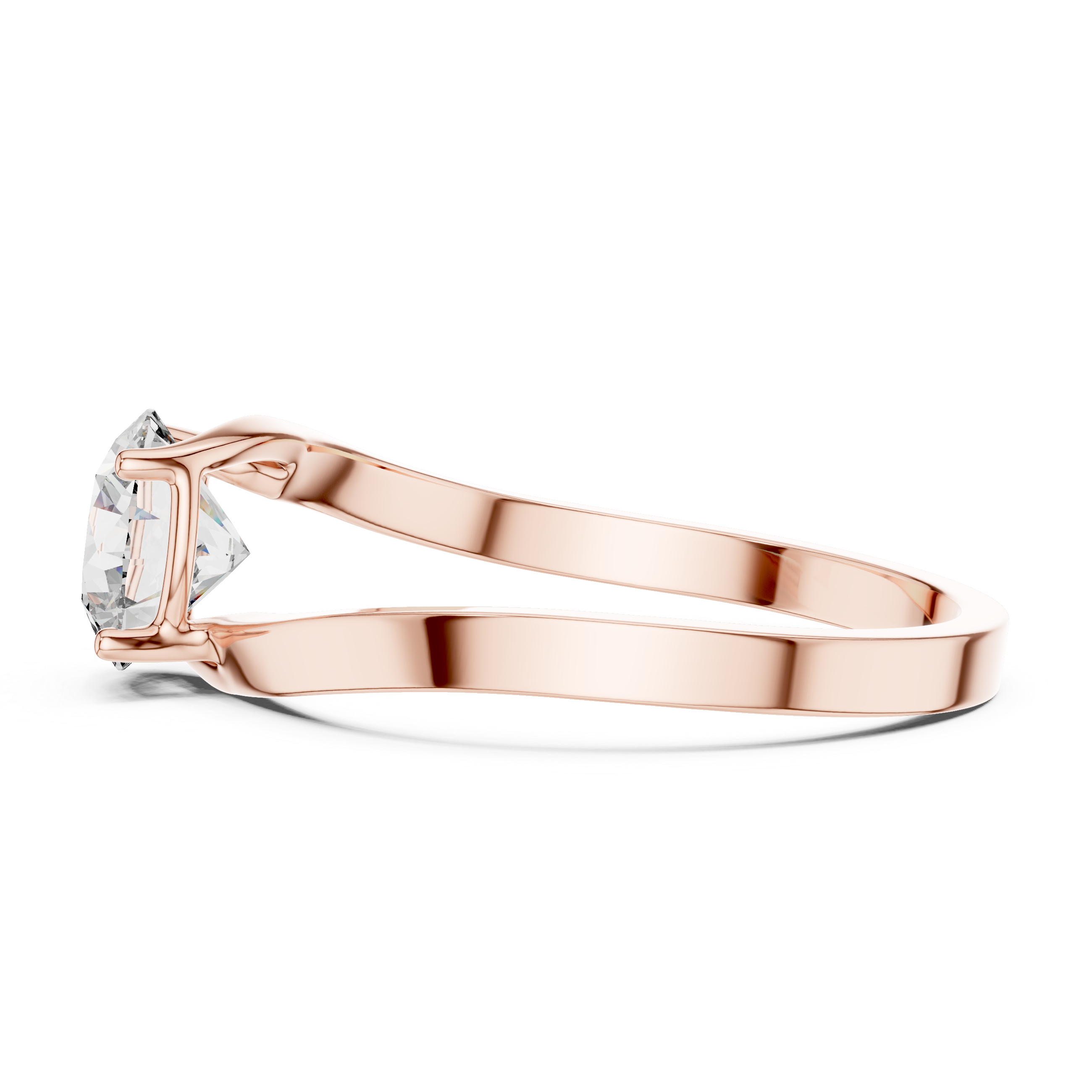 Rose gold ring with a diamond on a white background