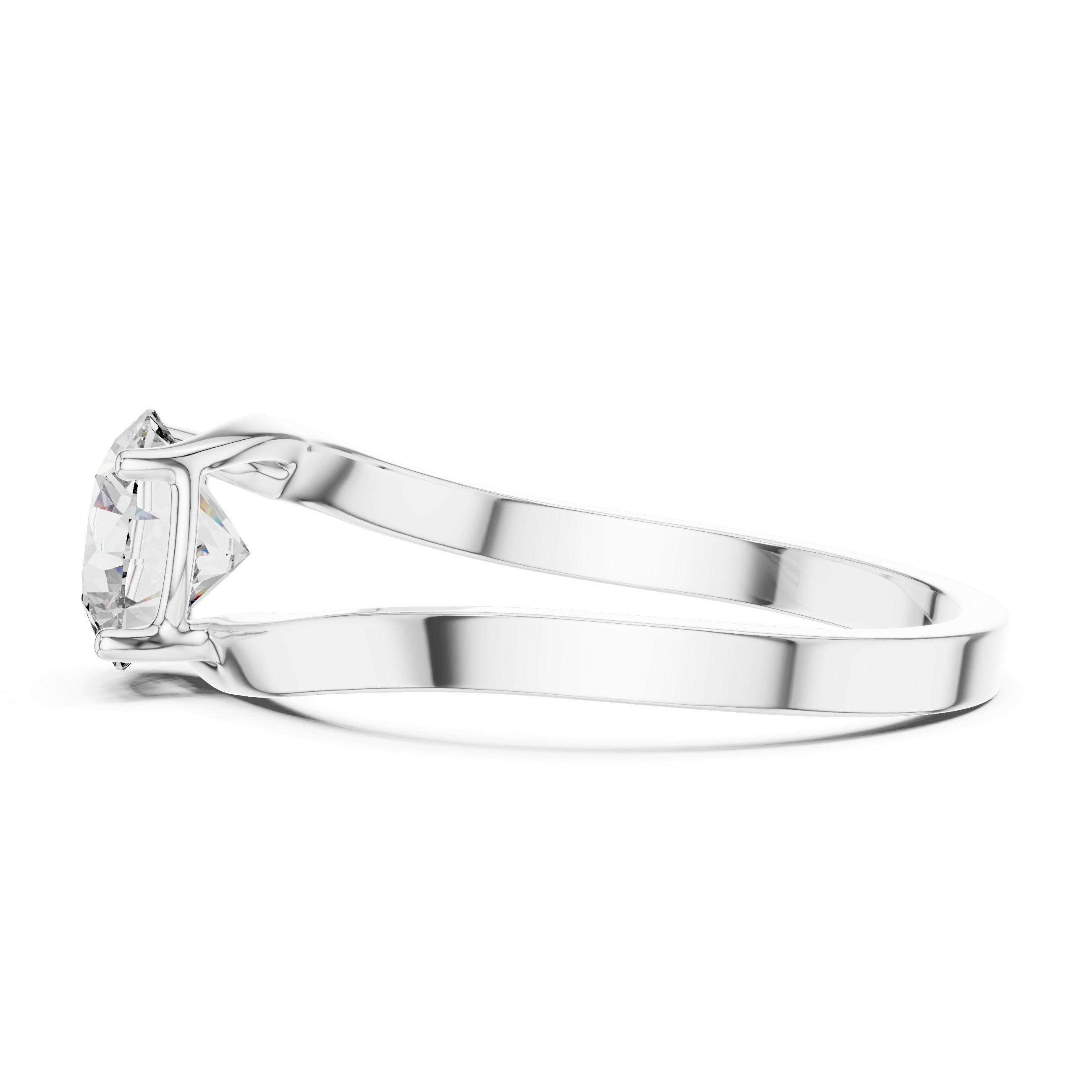 Silver ring with a large diamond on a white background
