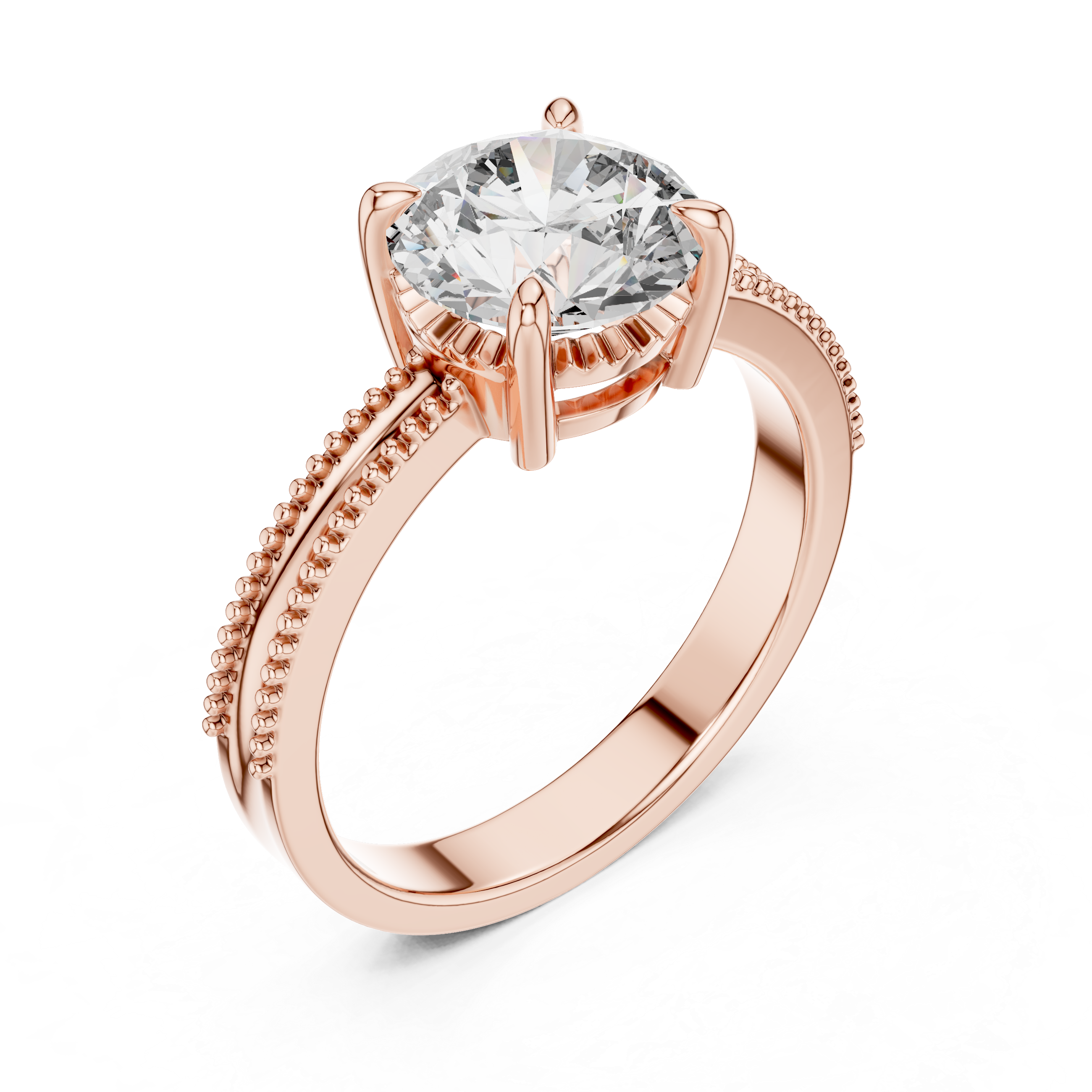 Rose gold ring with a large diamond on a white background