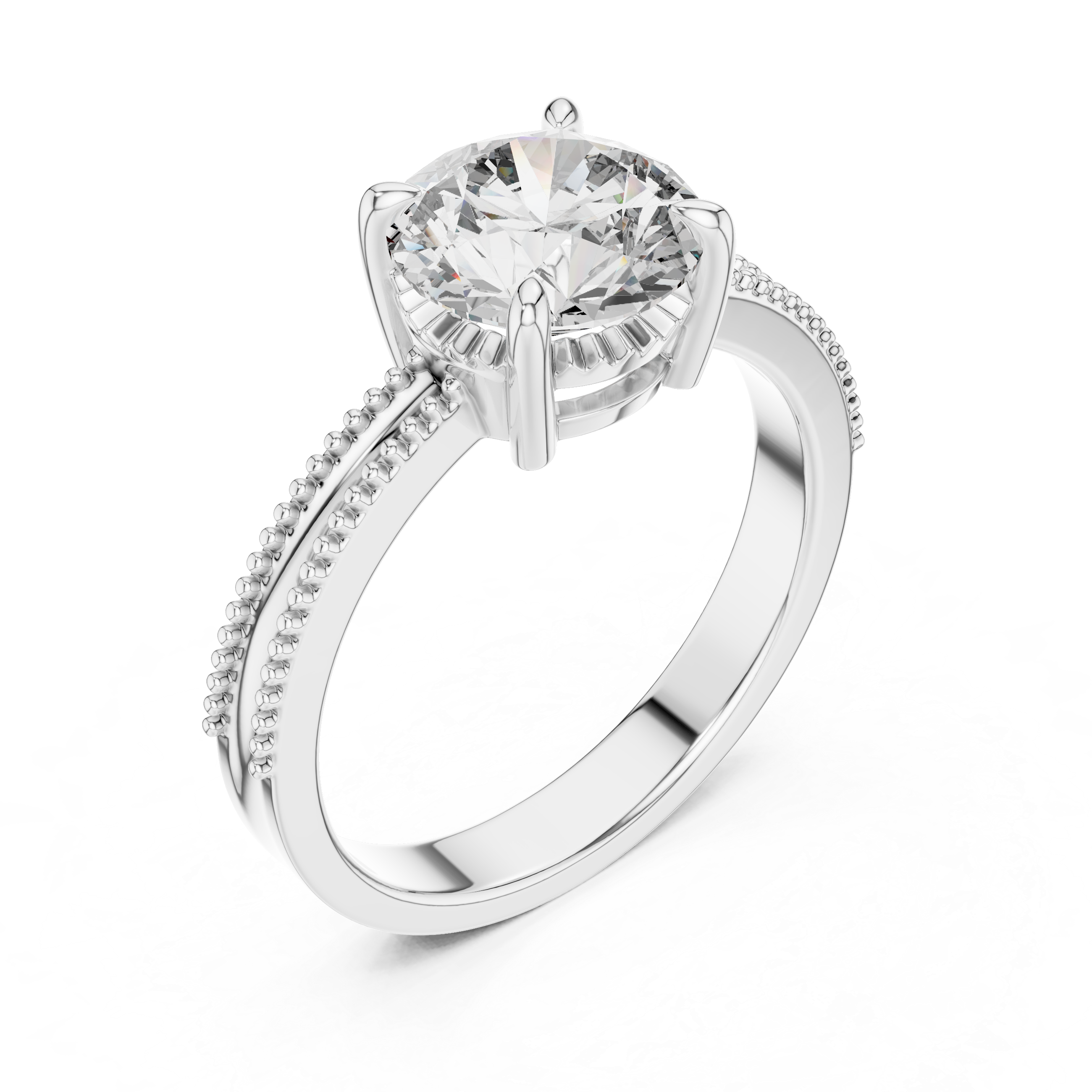 Diamond ring with a white gold band on a white background