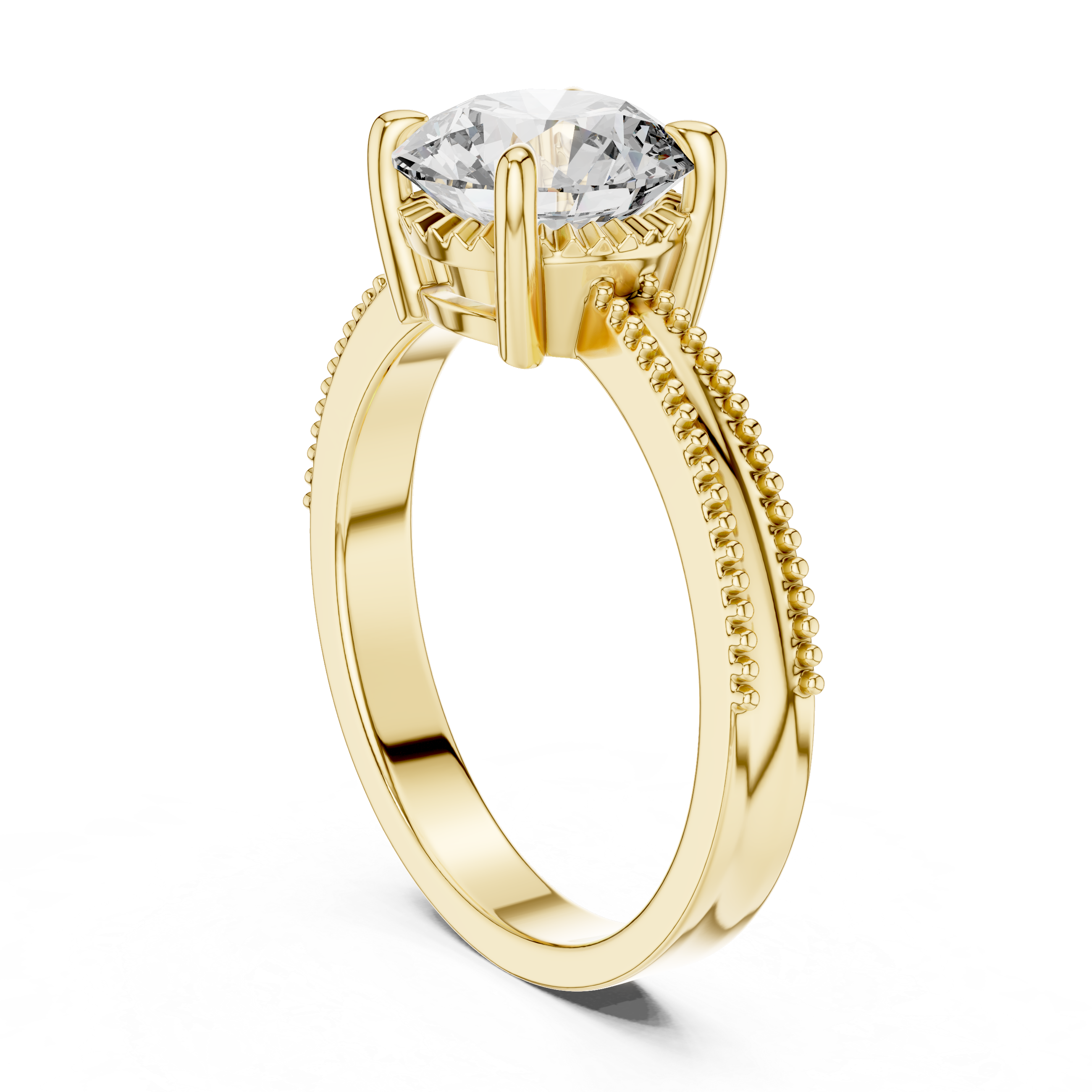 Gold ring with a large diamond and smaller diamonds on the band against a white background