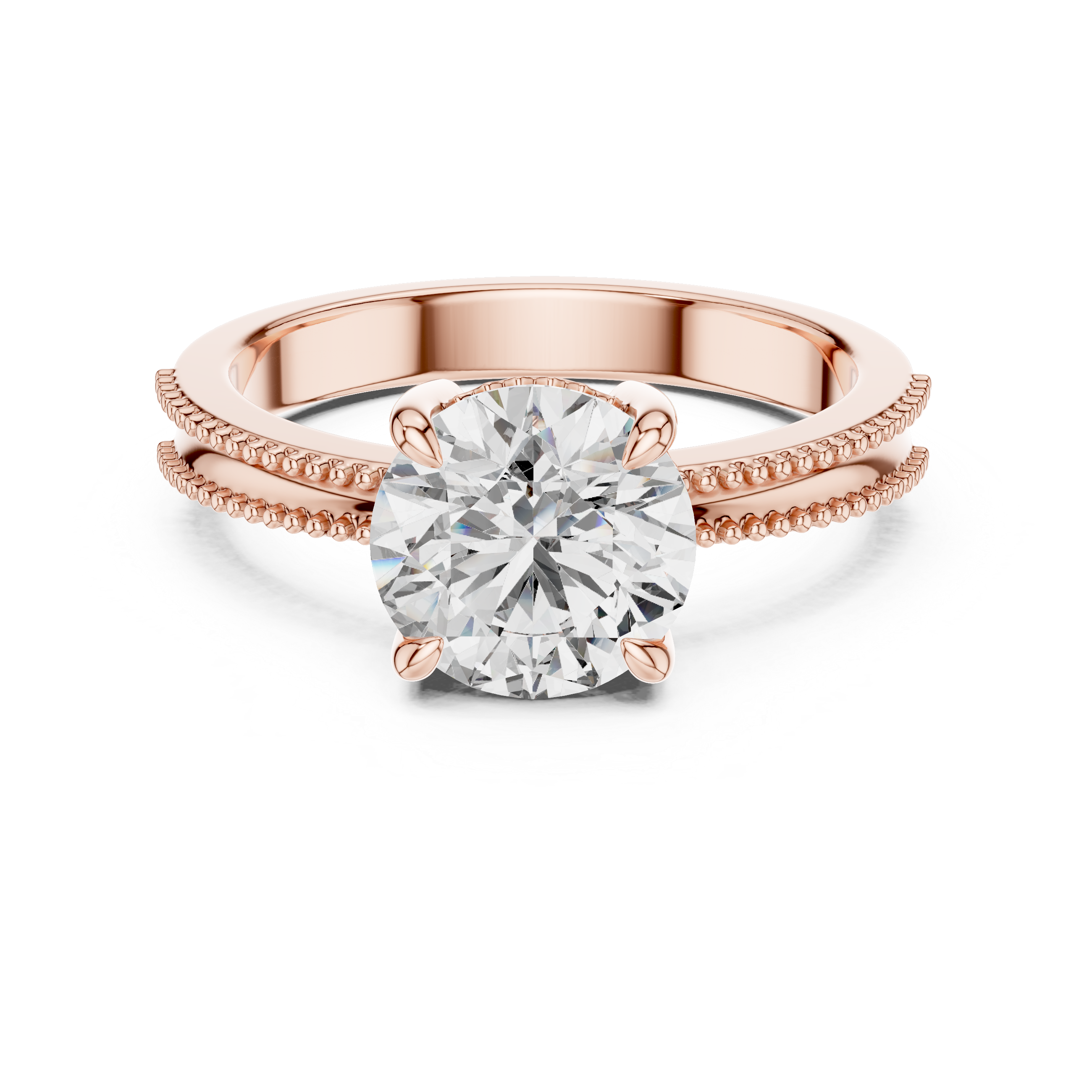Rose gold ring with a large diamond on a white background