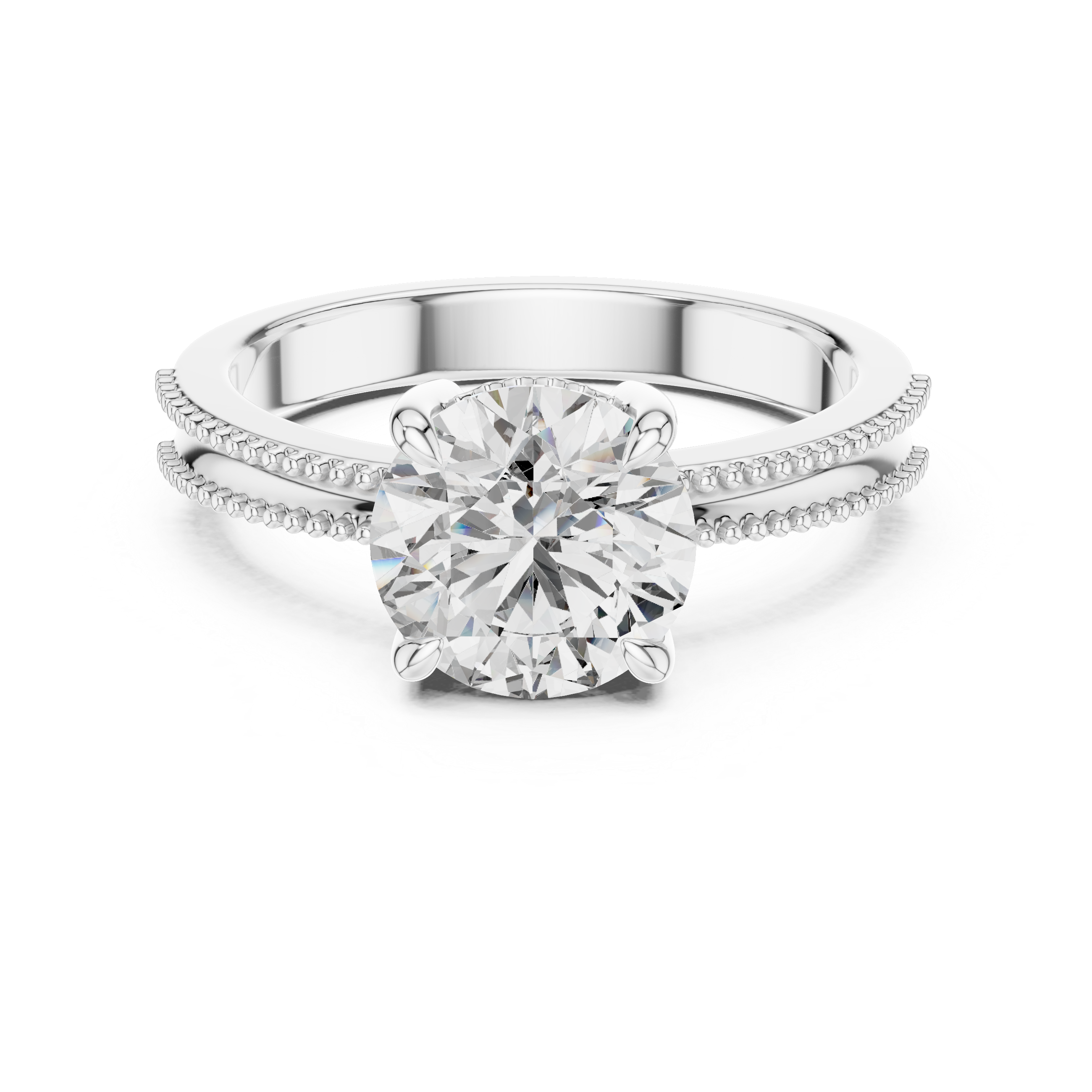 Silver ring with a large diamond and smaller diamonds on the band against a white background