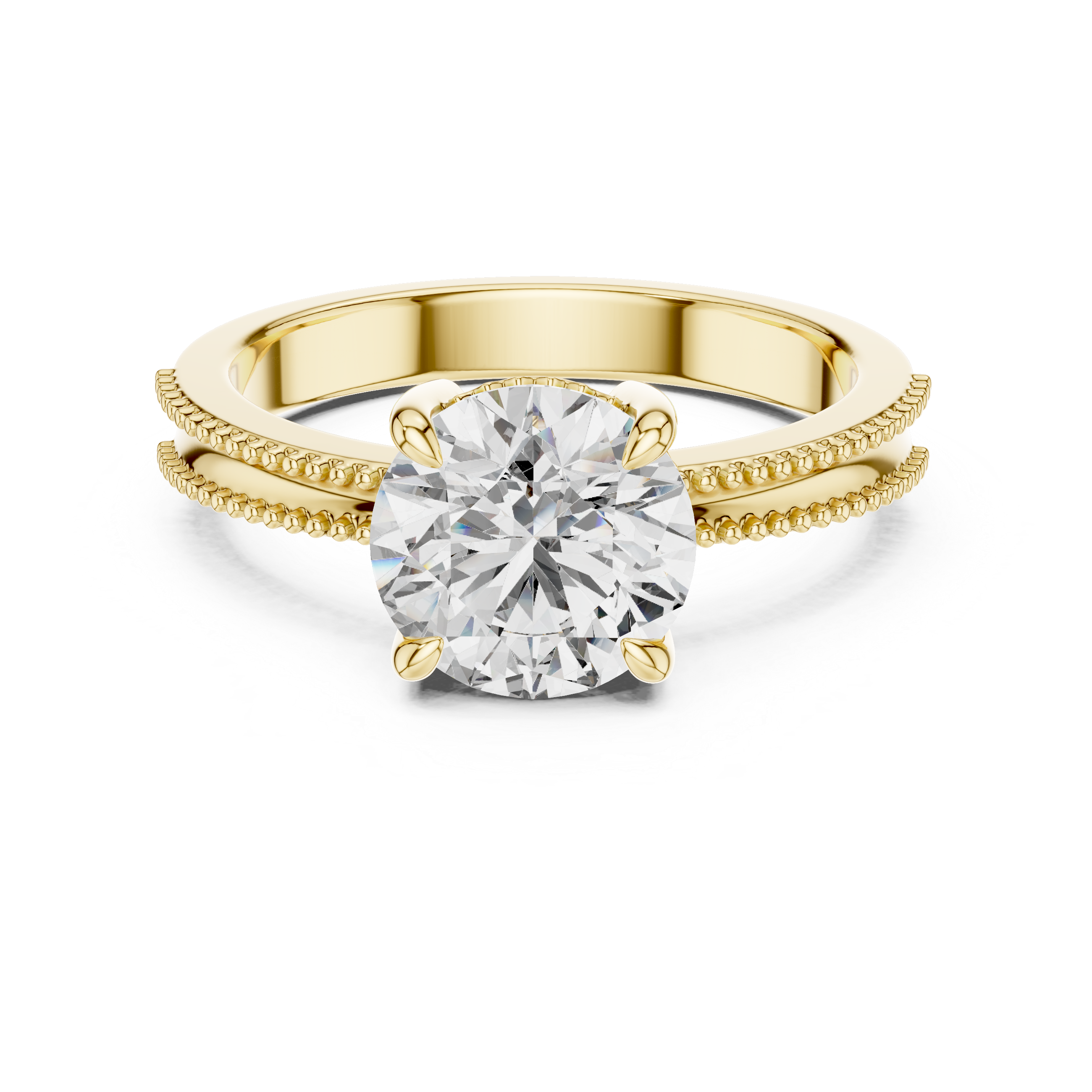 Gold ring with a large diamond on a white background