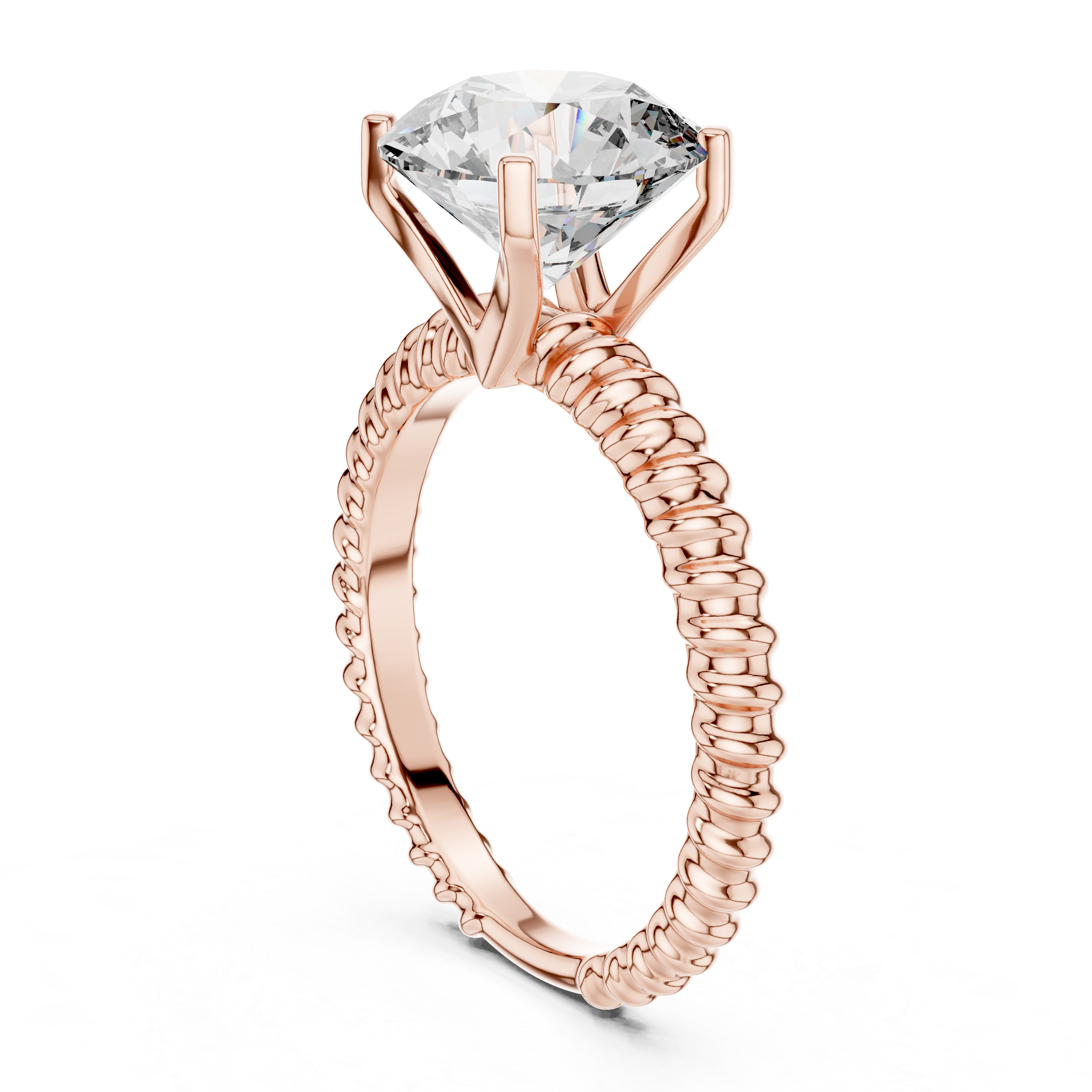 Rose gold ring with a large diamond on a white background