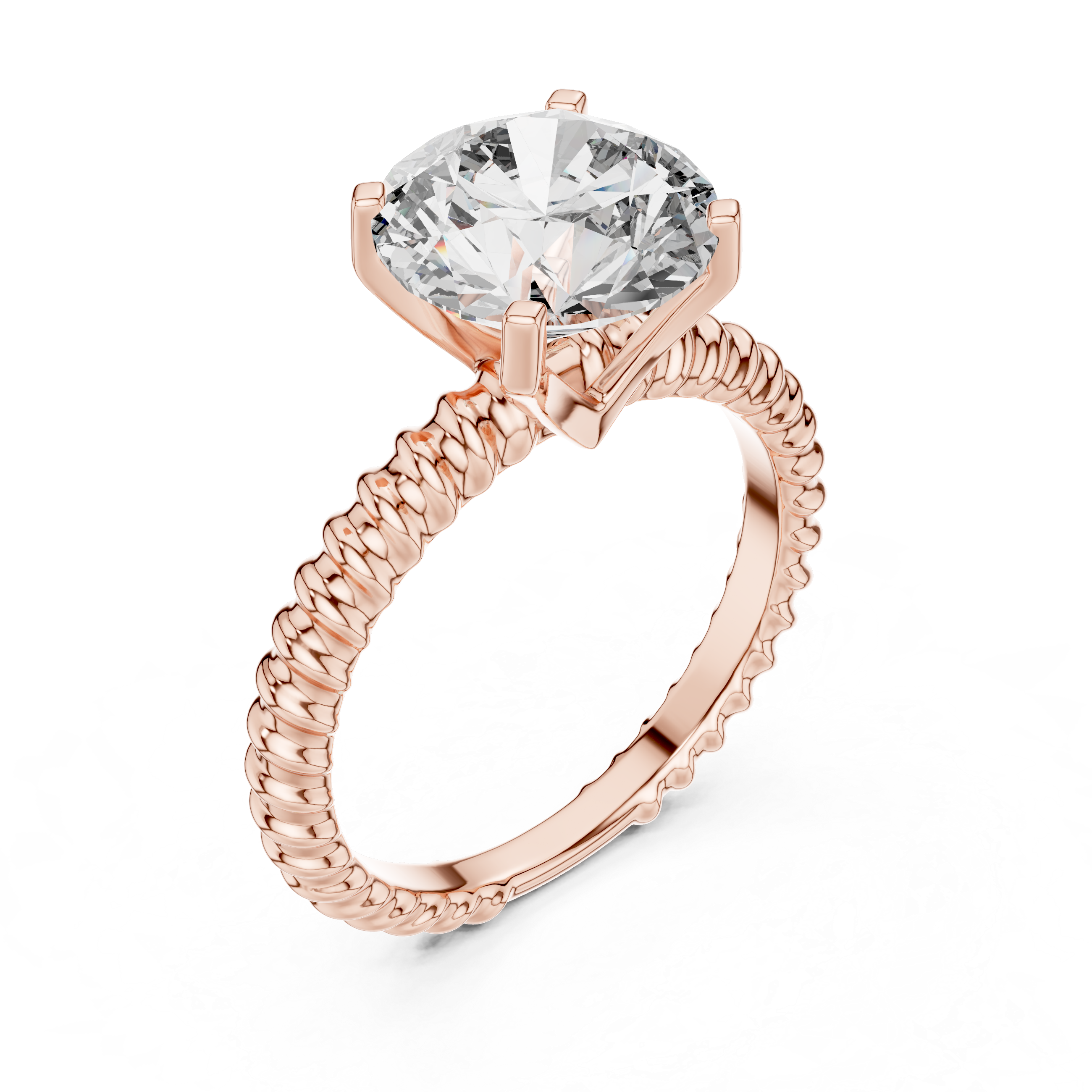 Rose gold ring with a large diamond on a white background