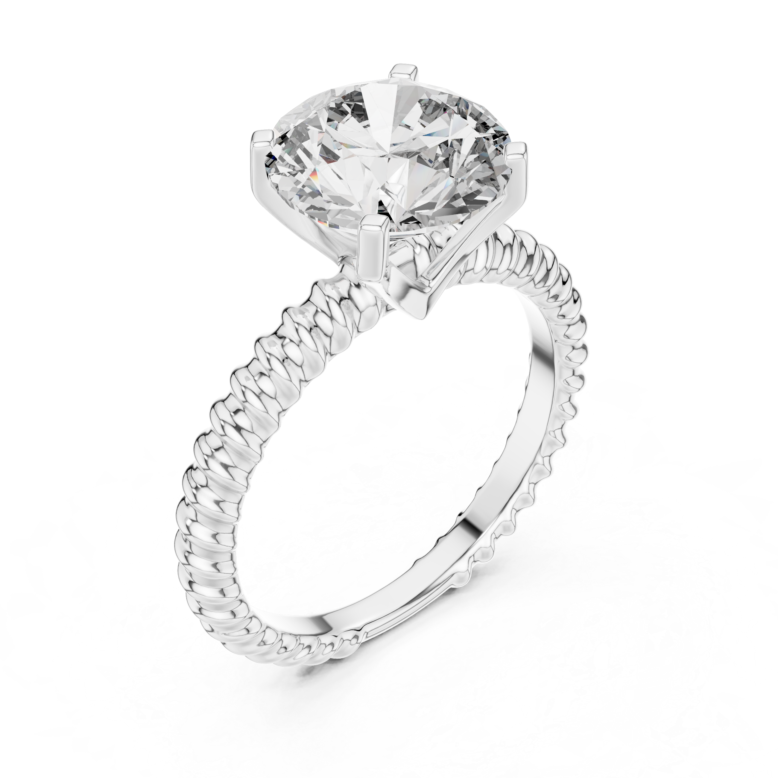 Diamond ring with a white gold band on a white background