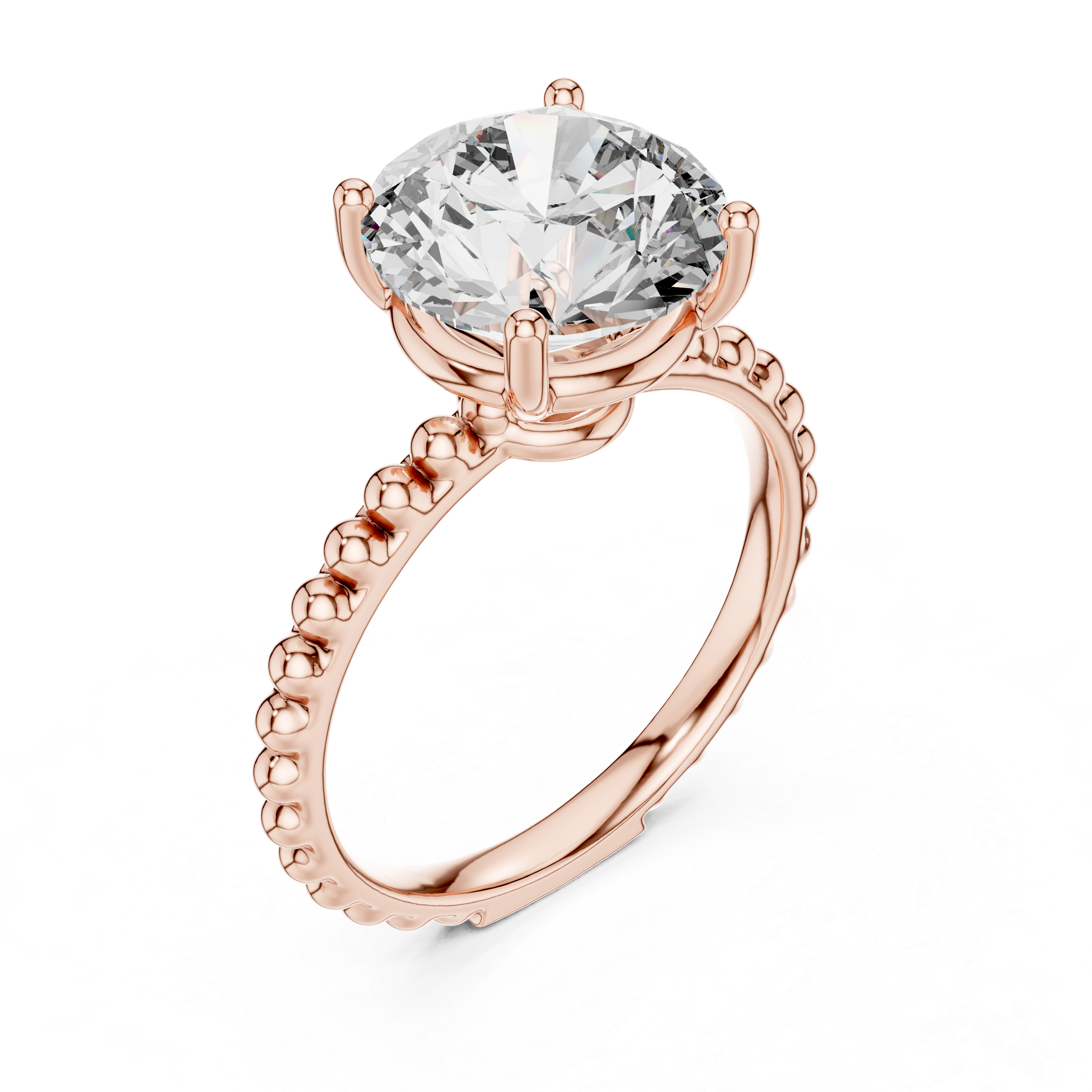 Rose gold ring with a large diamond on a white background