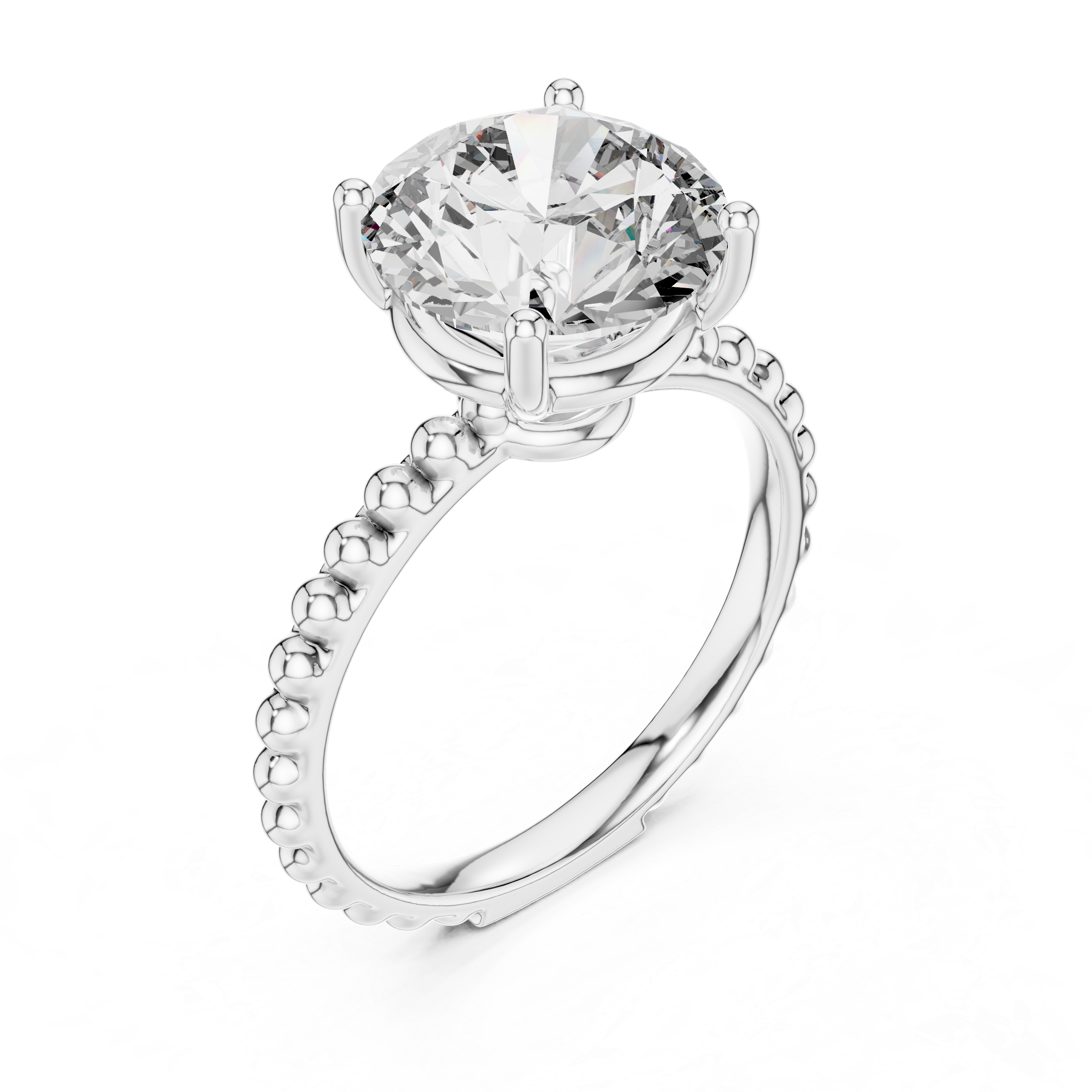 Silver ring with a large central diamond and smaller diamonds on the band against a white background