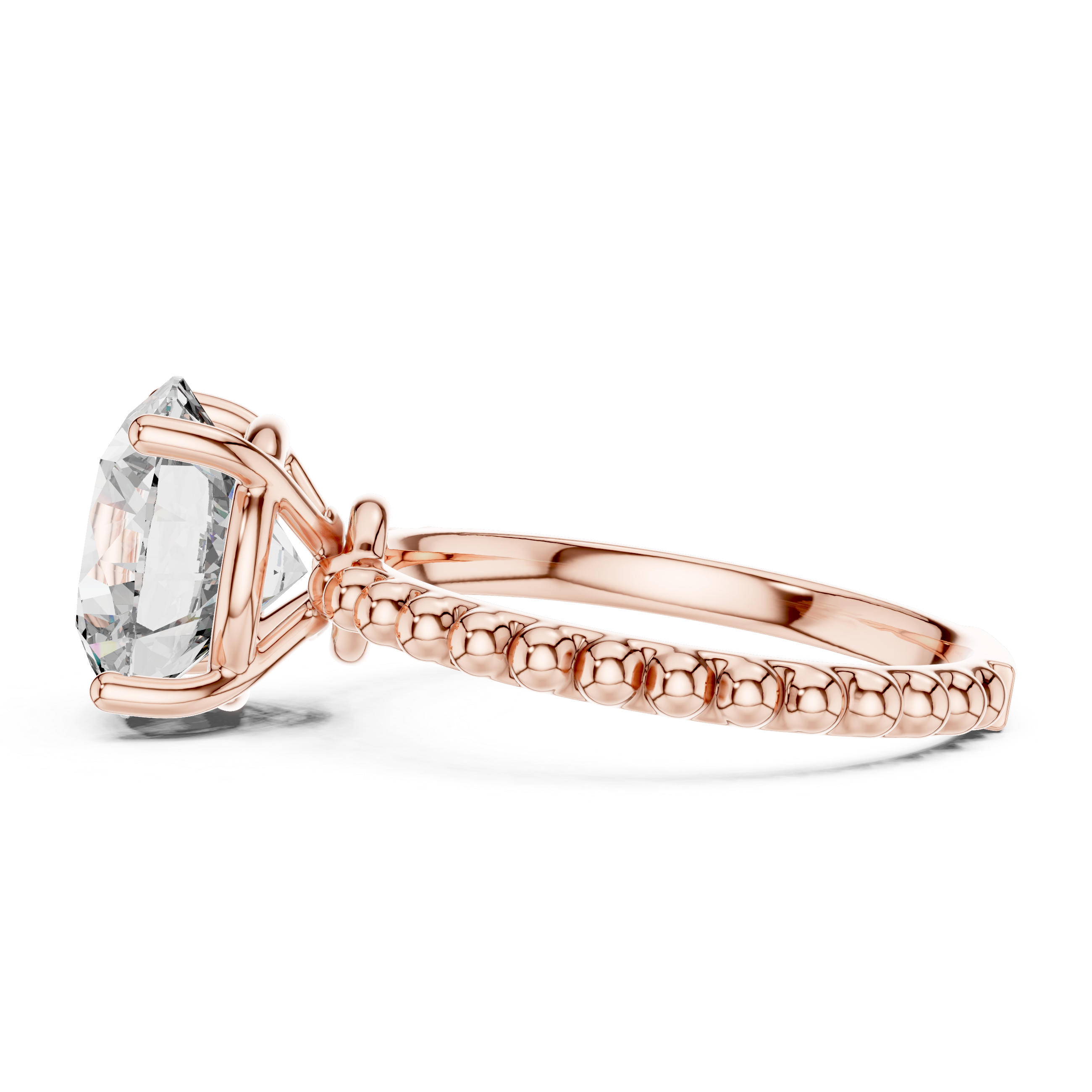Rose gold ring with a large diamond on a white background