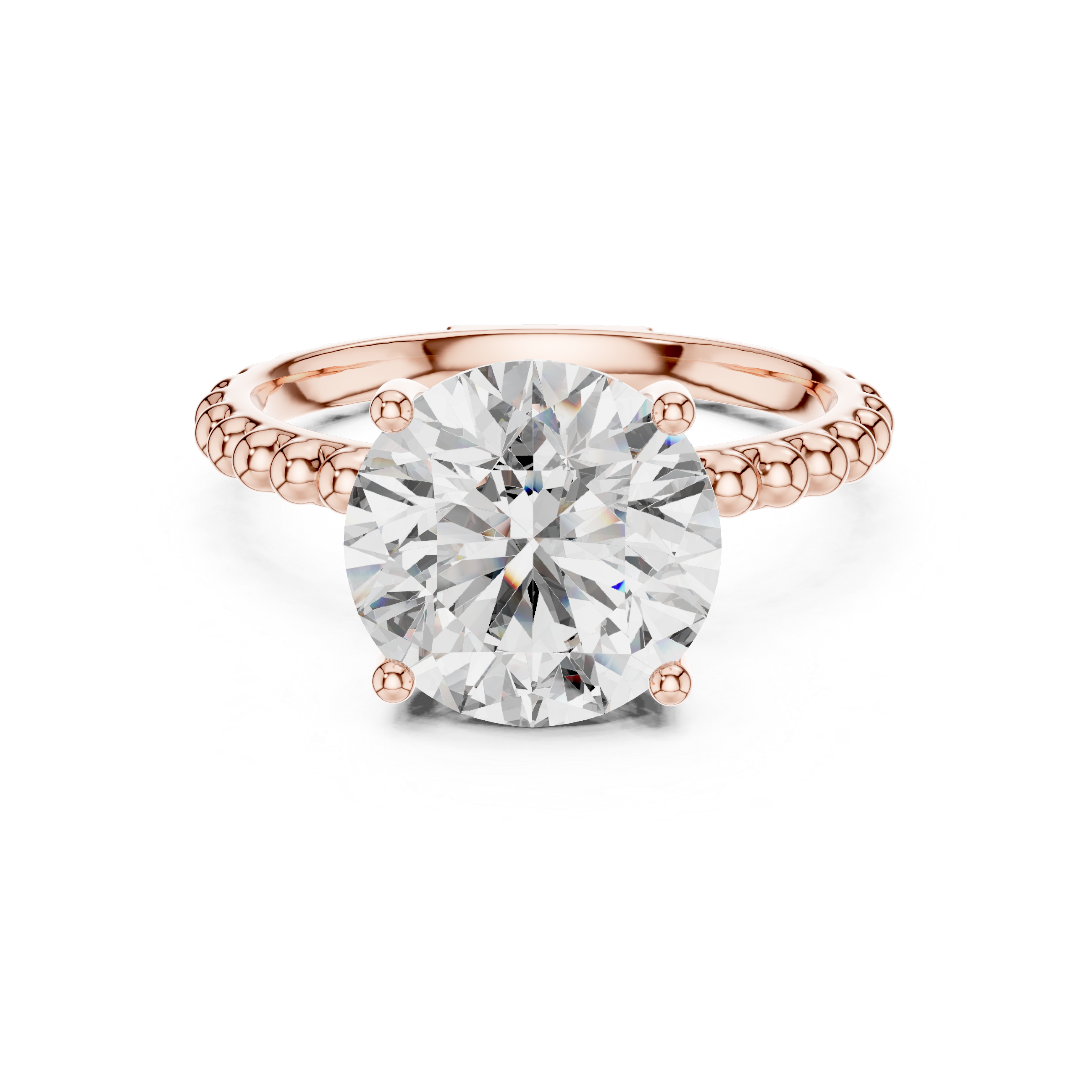 Rose gold ring with a large diamond on a white background
