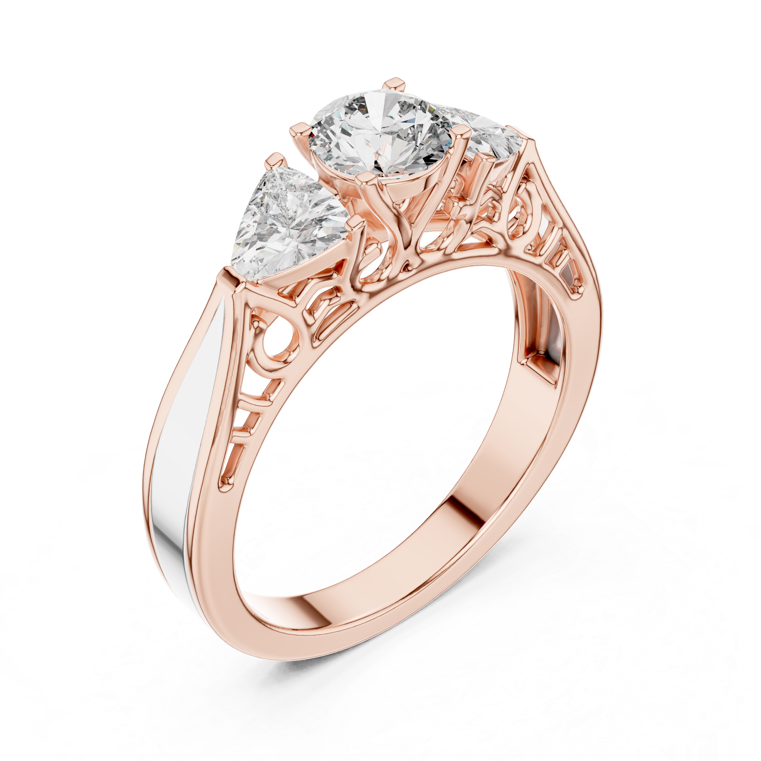 Rose gold ring with two diamonds on a white background