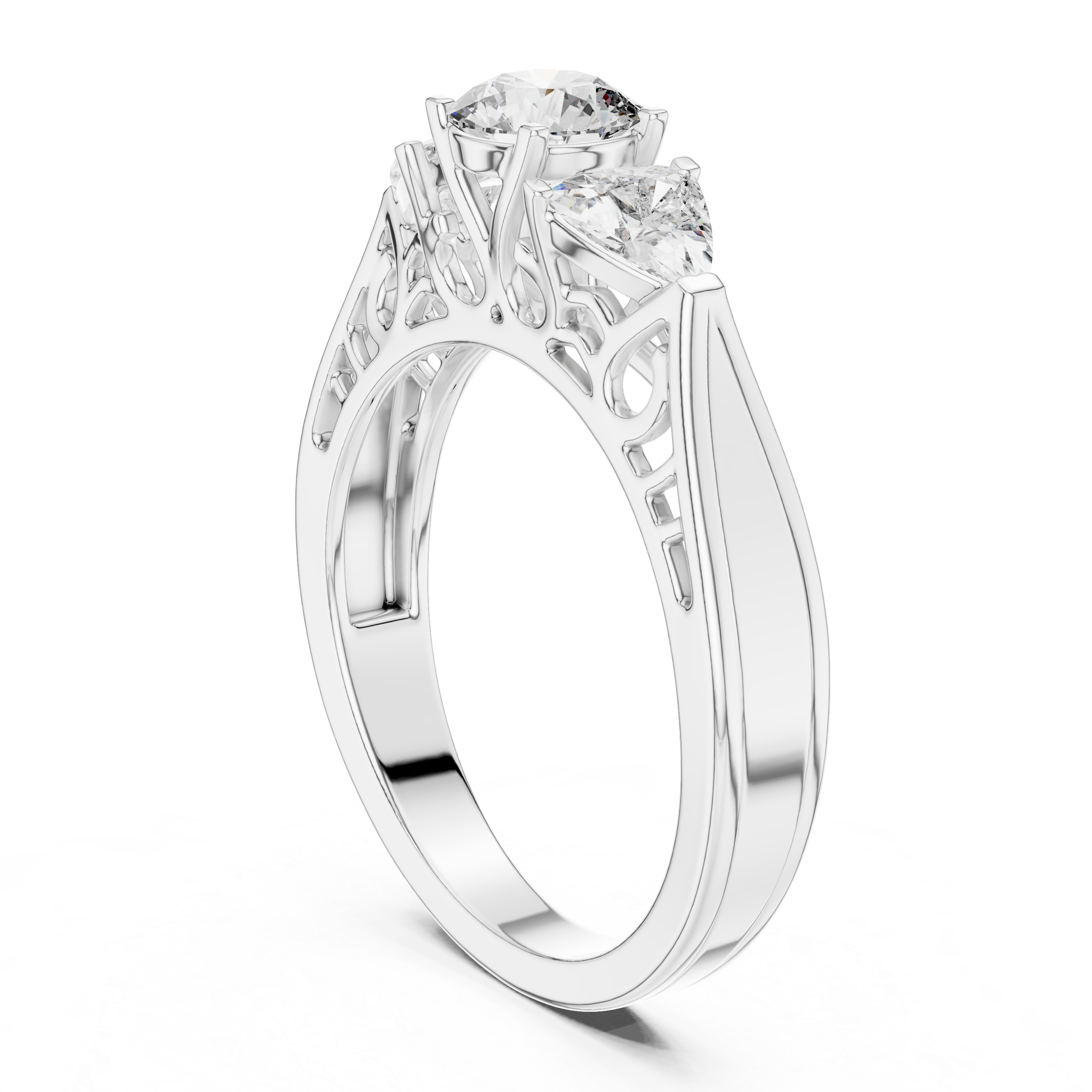 Diamond ring with intricate design on a white background