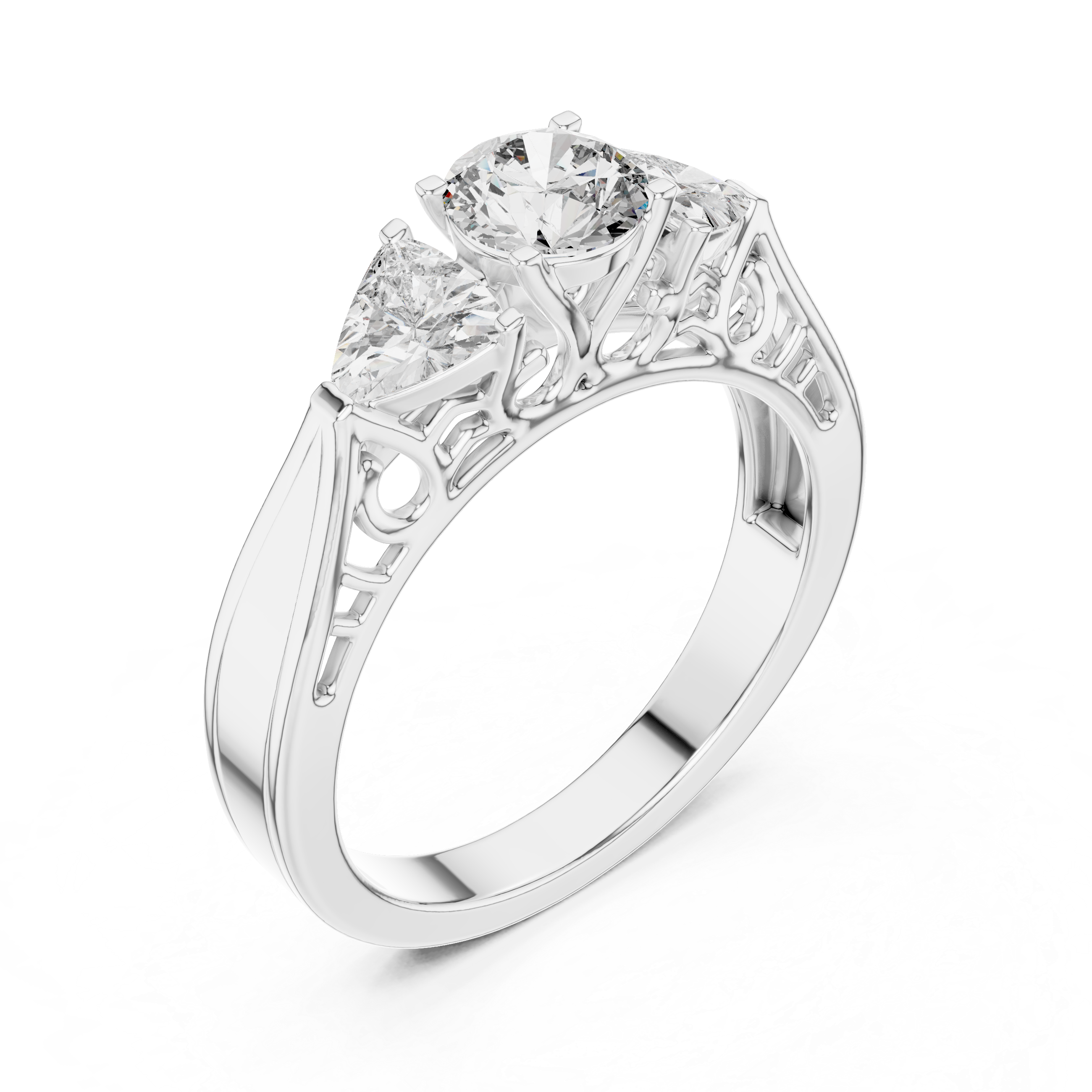 Diamond ring with a central diamond and smaller diamonds on a white background
