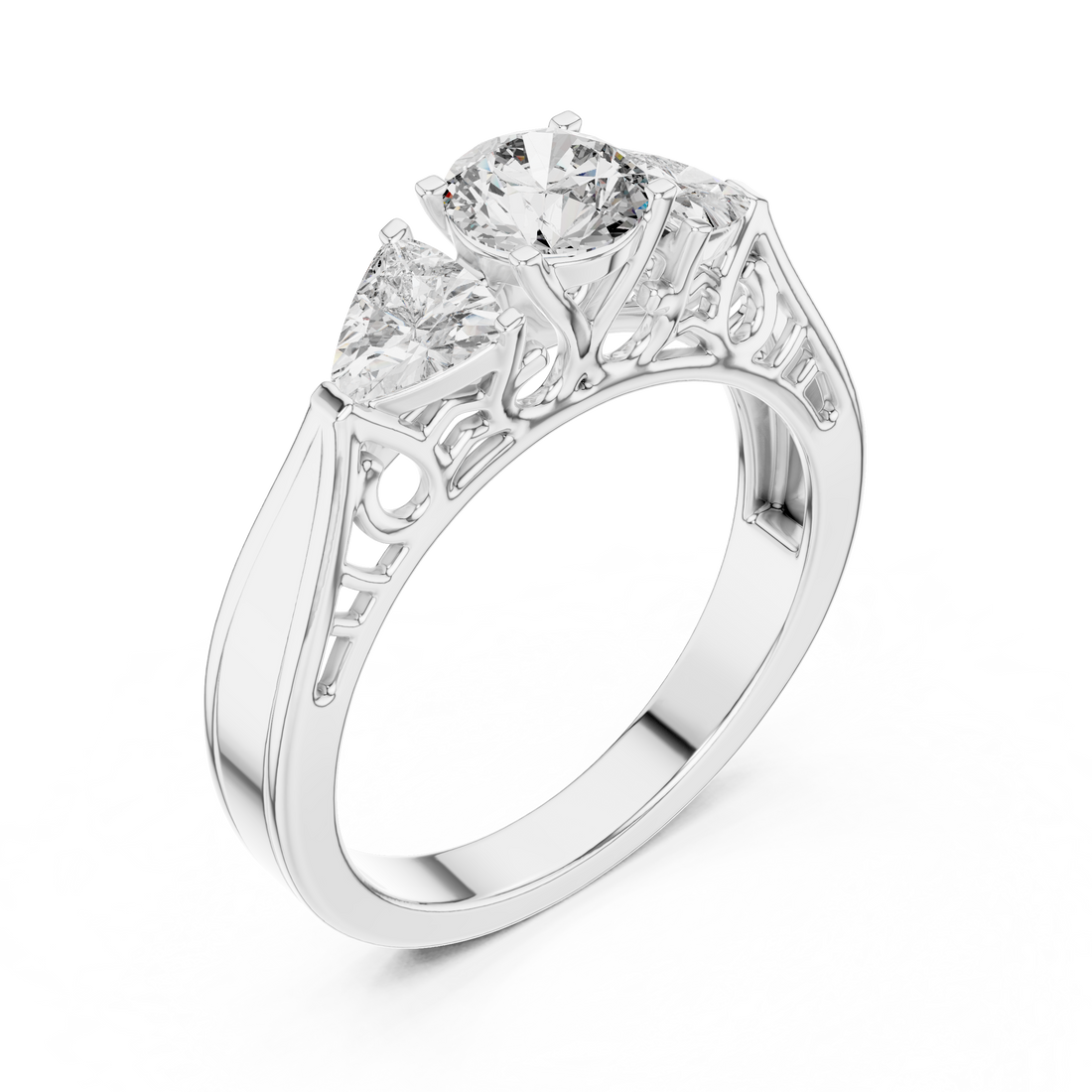 Elegant Three-Stone 0.50-CT Diamond Ring with 0.25-CT Trillion-Cut Side Stones in 14-KT White Gold
