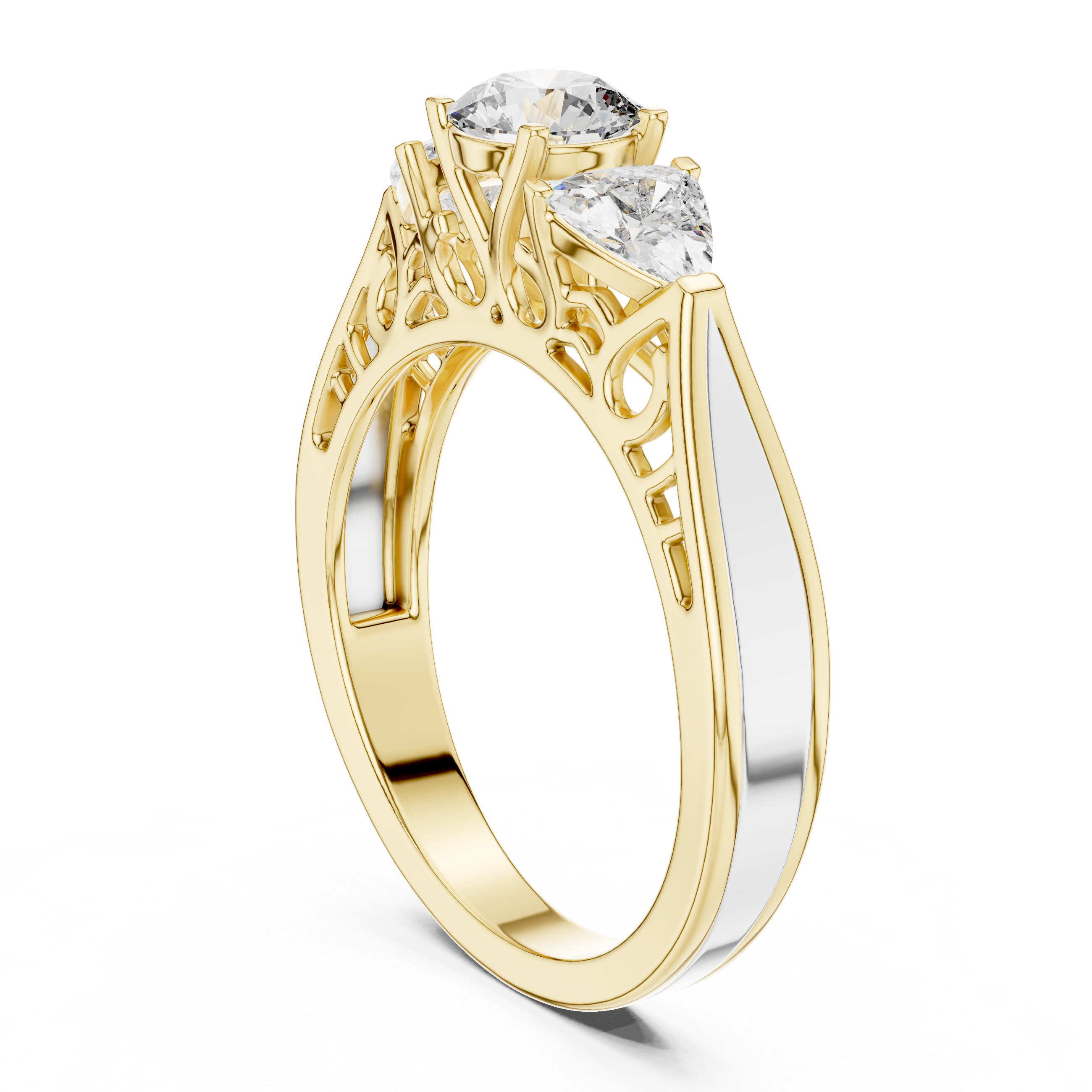 Gold and silver ring with two diamonds on a white background