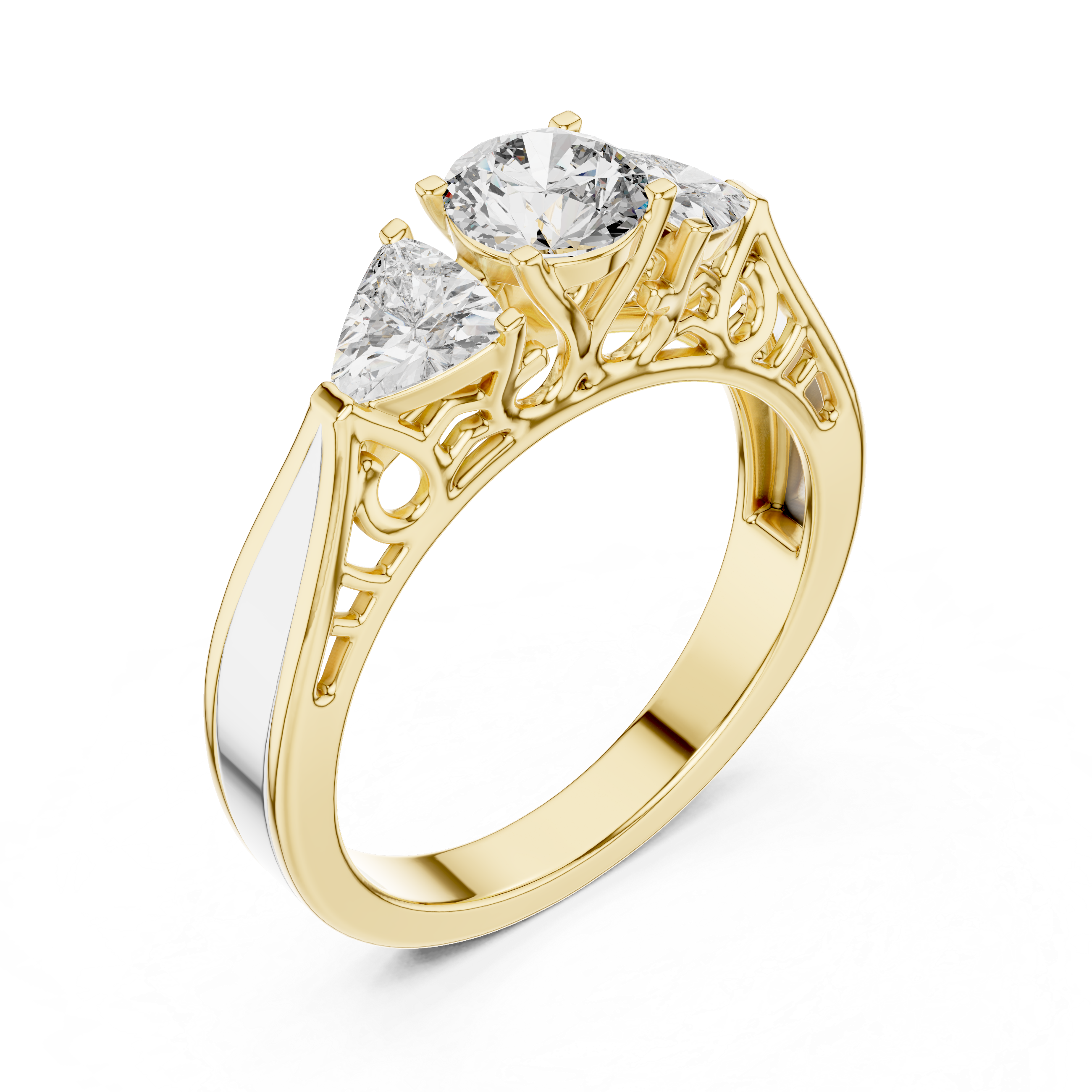 Gold ring with two heart-shaped diamonds on a white background