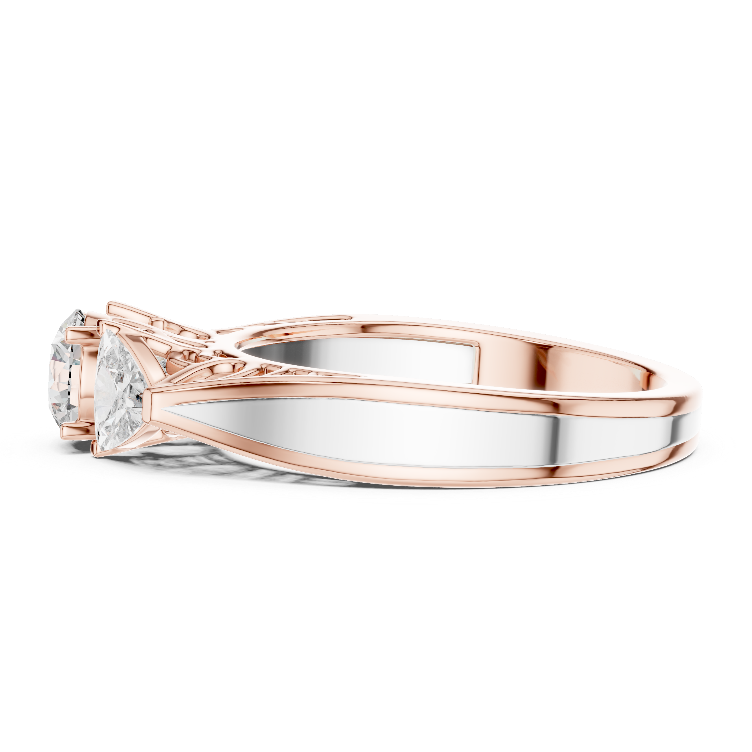 Rose gold and silver ring with a diamond on a white background