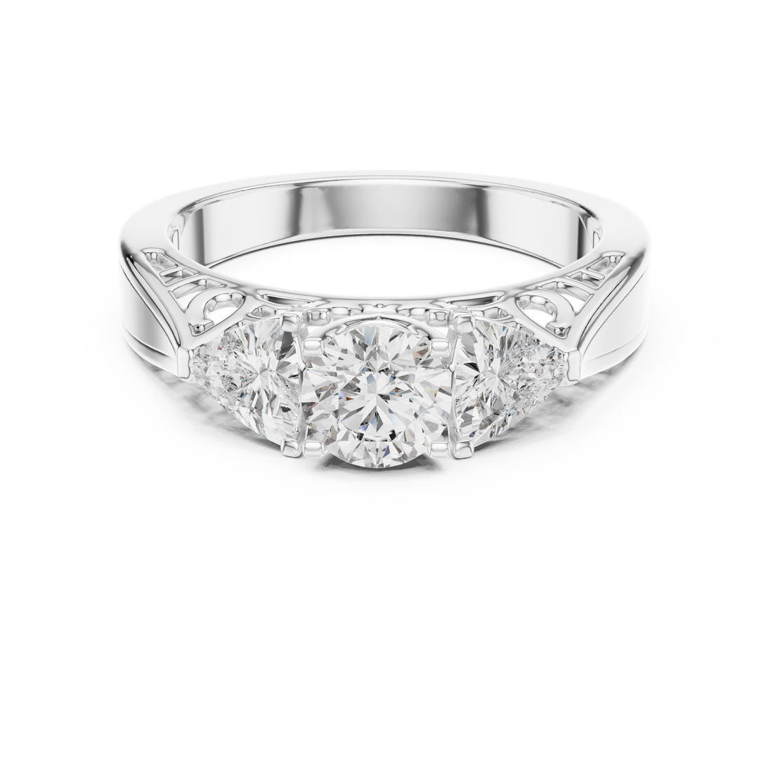 Elegant Three-Stone 0.50-CT Diamond Ring with 0.25-CT Trillion-Cut Side Stones in 14-KT White Gold