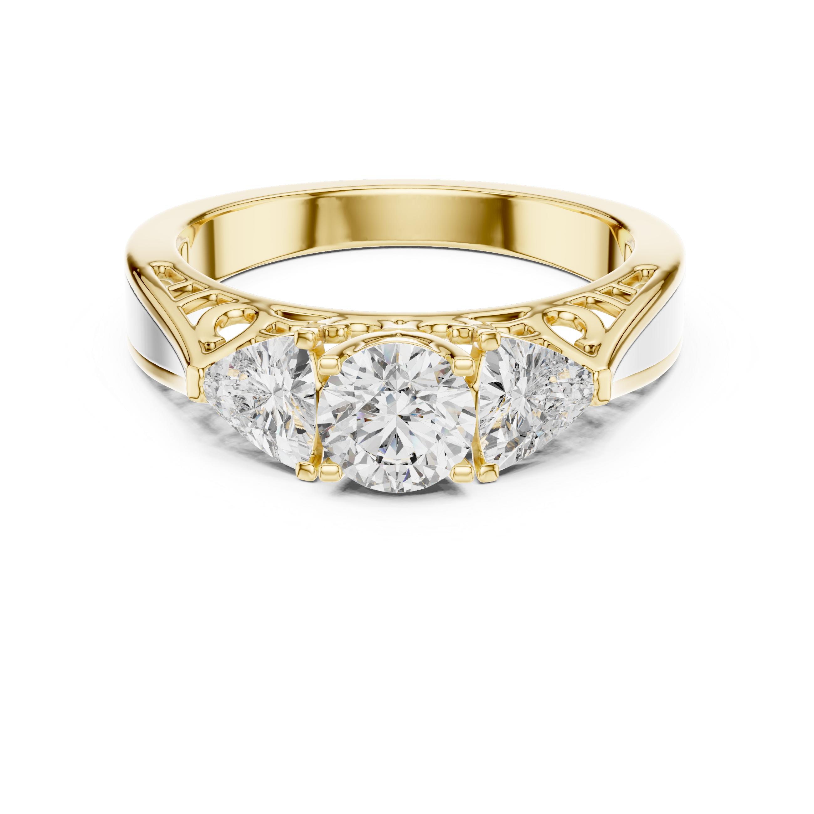Gold ring with three diamonds on a white background