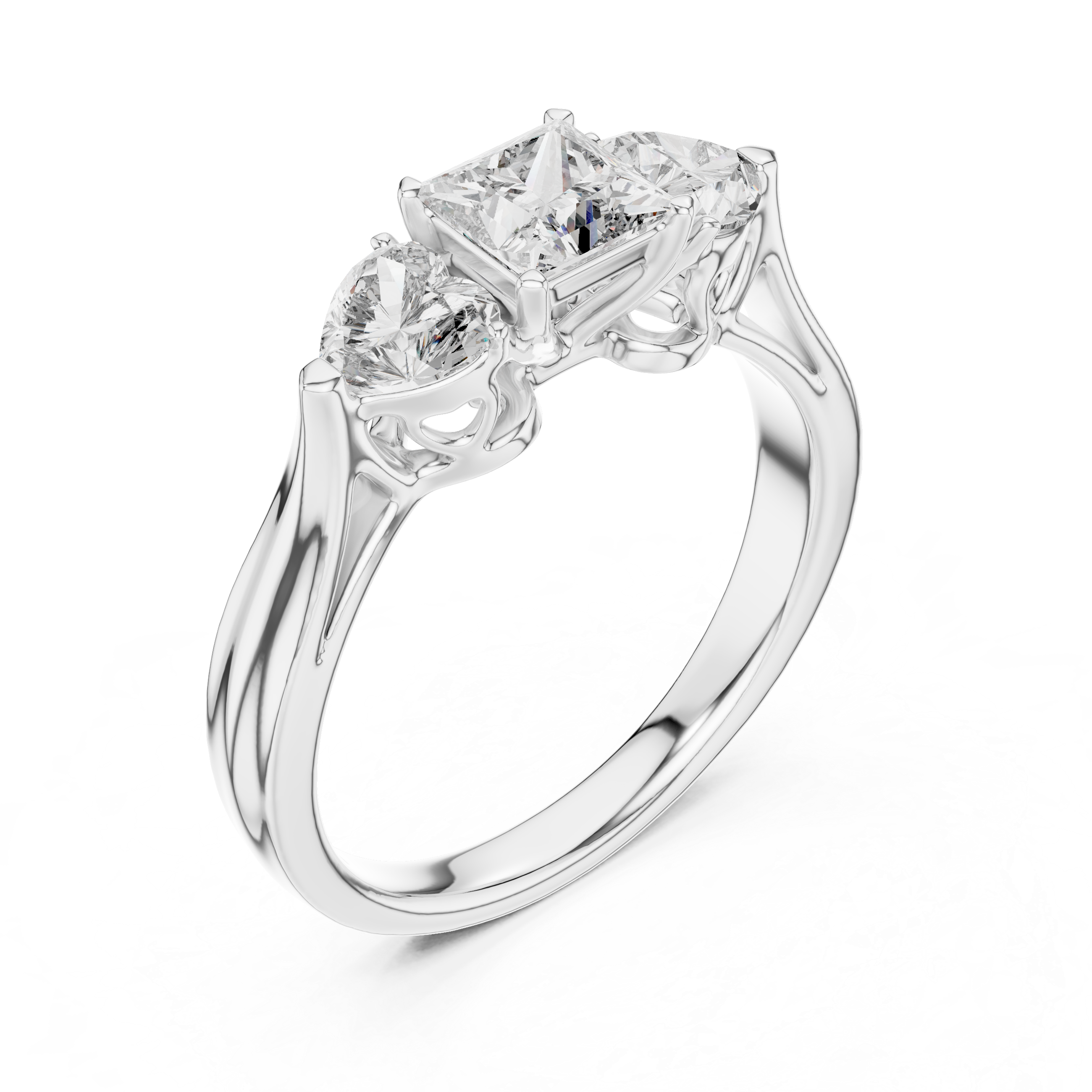 Diamond ring with three clear gemstones on a white background