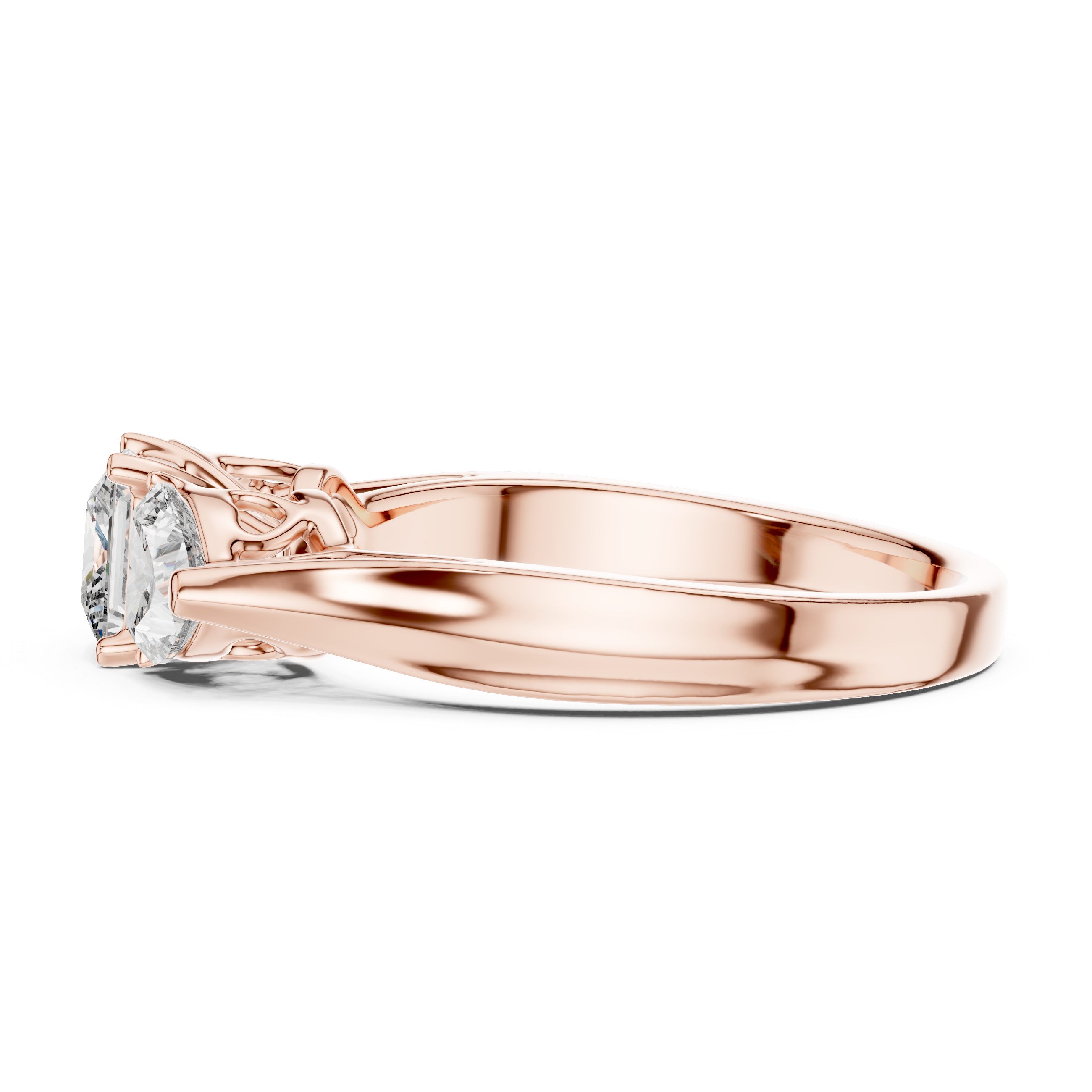 Rose gold ring with a diamond on a white background