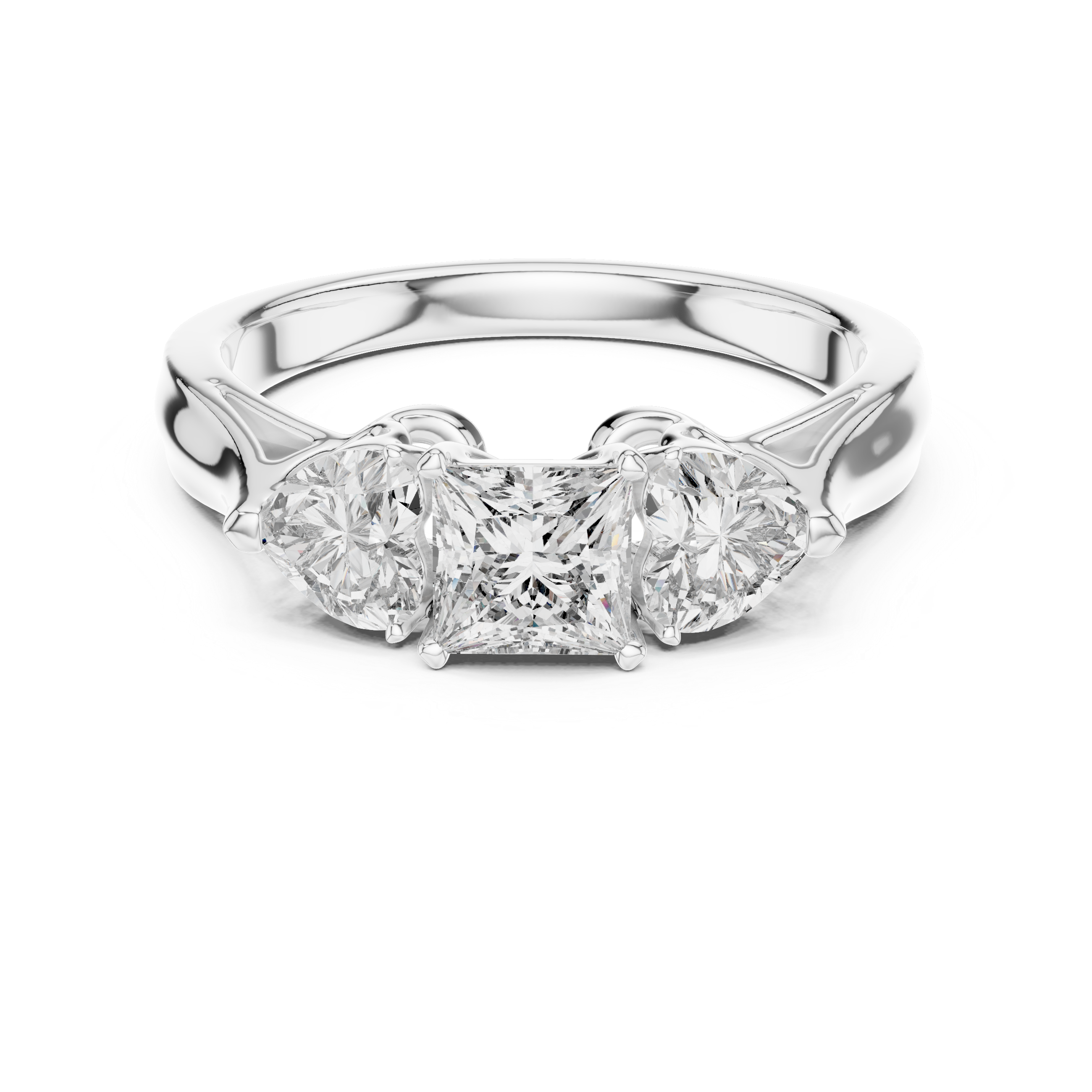 Silver ring with three heart-shaped diamonds on a white background