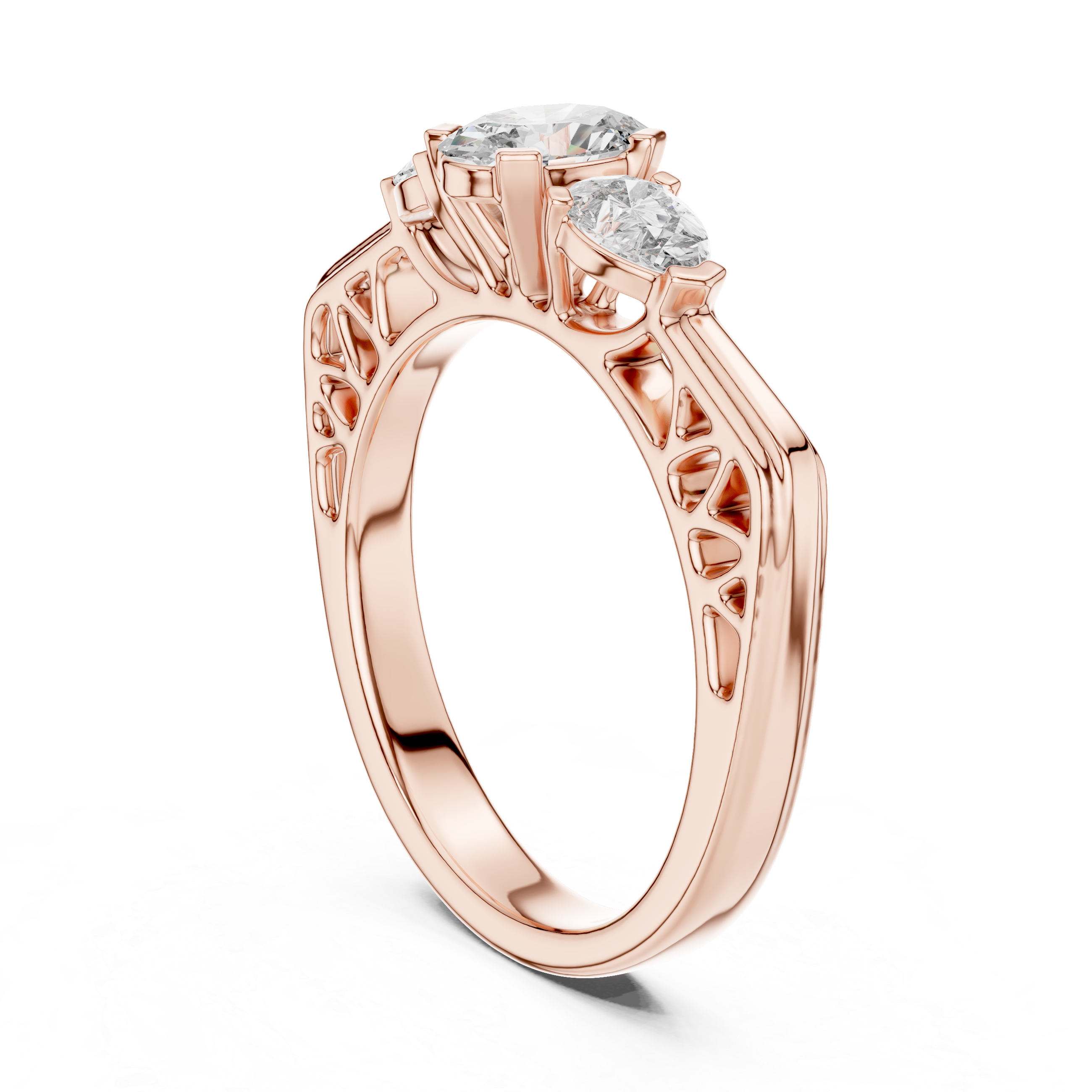 Rose gold ring with three diamonds on a white background