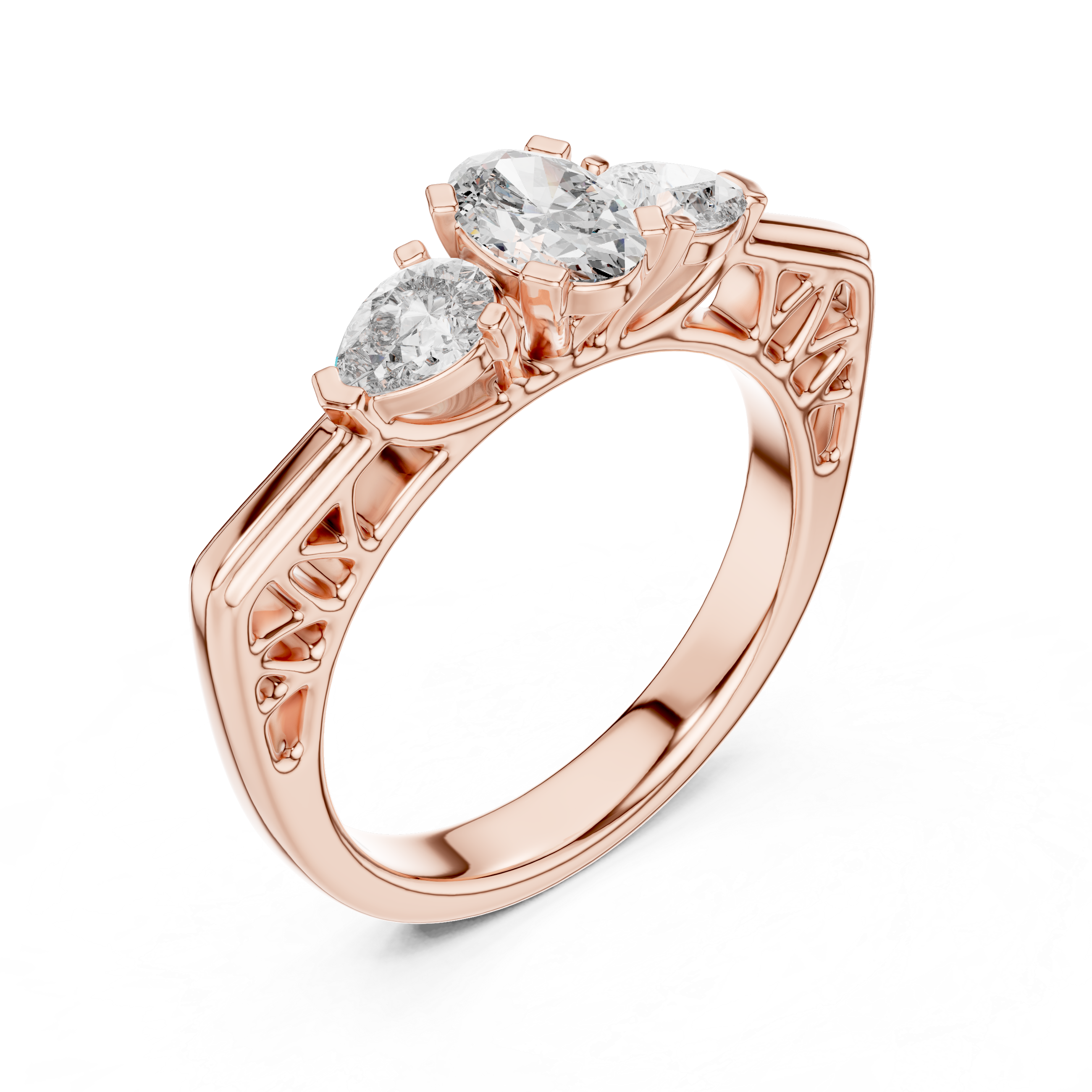 Rose gold ring with three diamonds on a white background